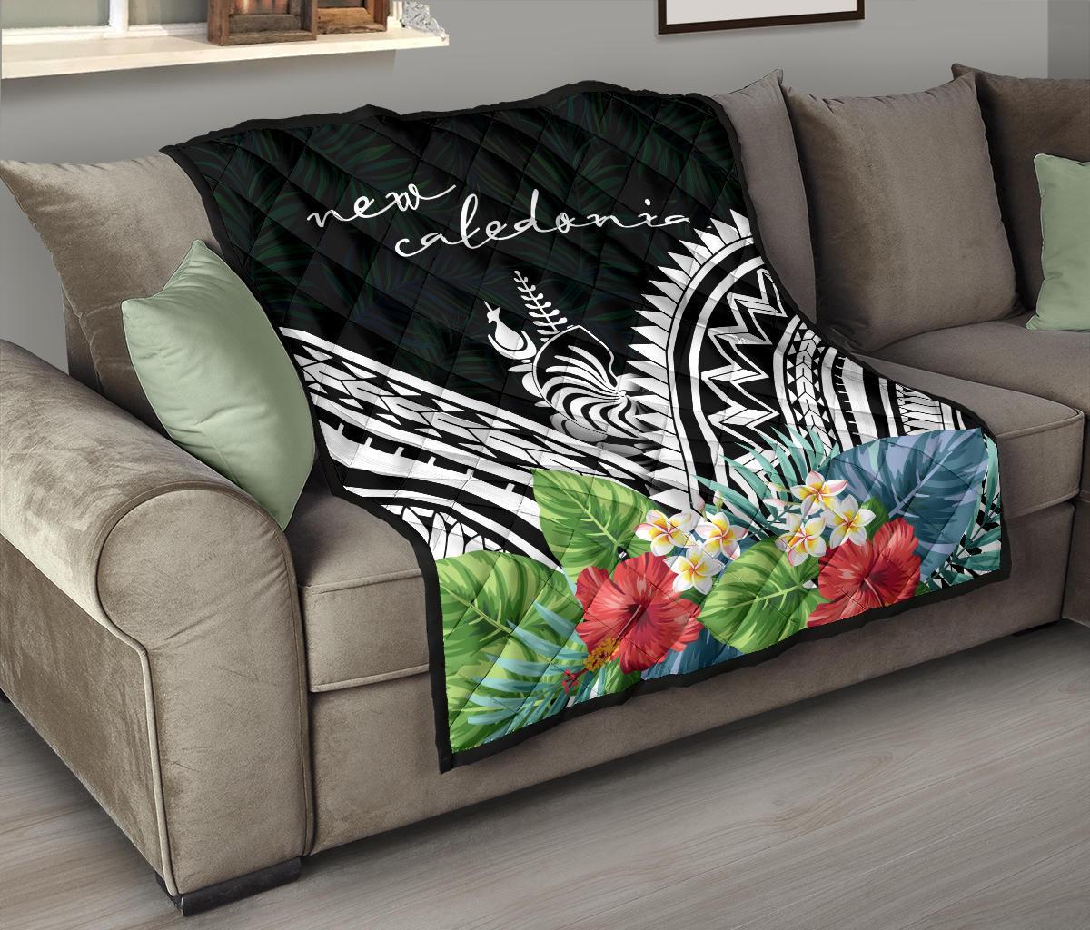 New Caledonia Premium Quilt - New Caledonia Coat of Arms & Polynesian Tropical Flowers White - Polynesian Pride