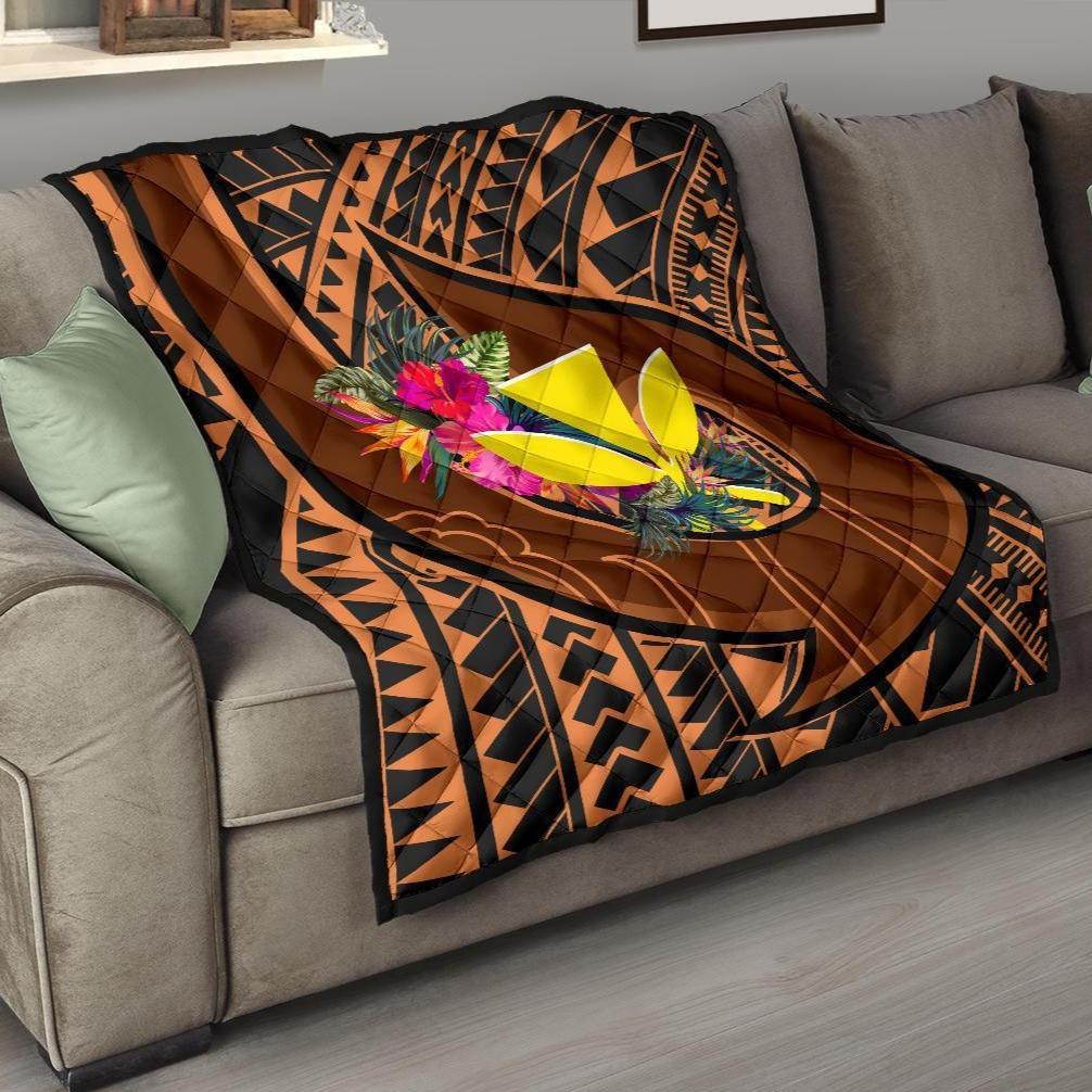 Hawaii Kanaka Maoli Premium Quilt - Polynesian Hook And Hibiscus Dark Salmon - Polynesian Pride