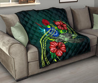 Cook Islands Polynesian Premium Quilt - Green Turtle Hibiscus - Polynesian Pride