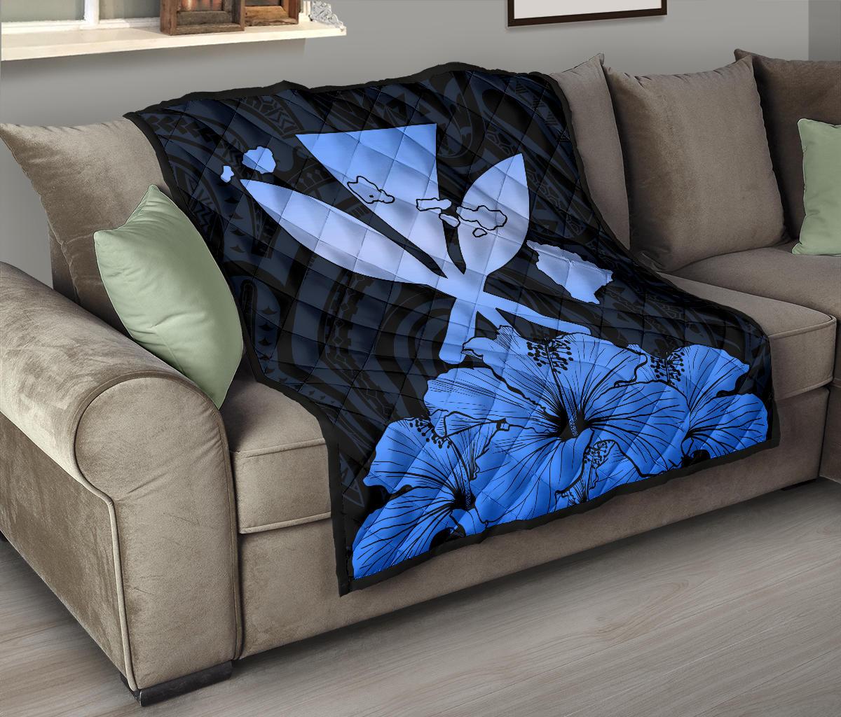 Hawaiian Kanaka Premium Quilt Hibiscus Polynesian Love Blue - Polynesian Pride