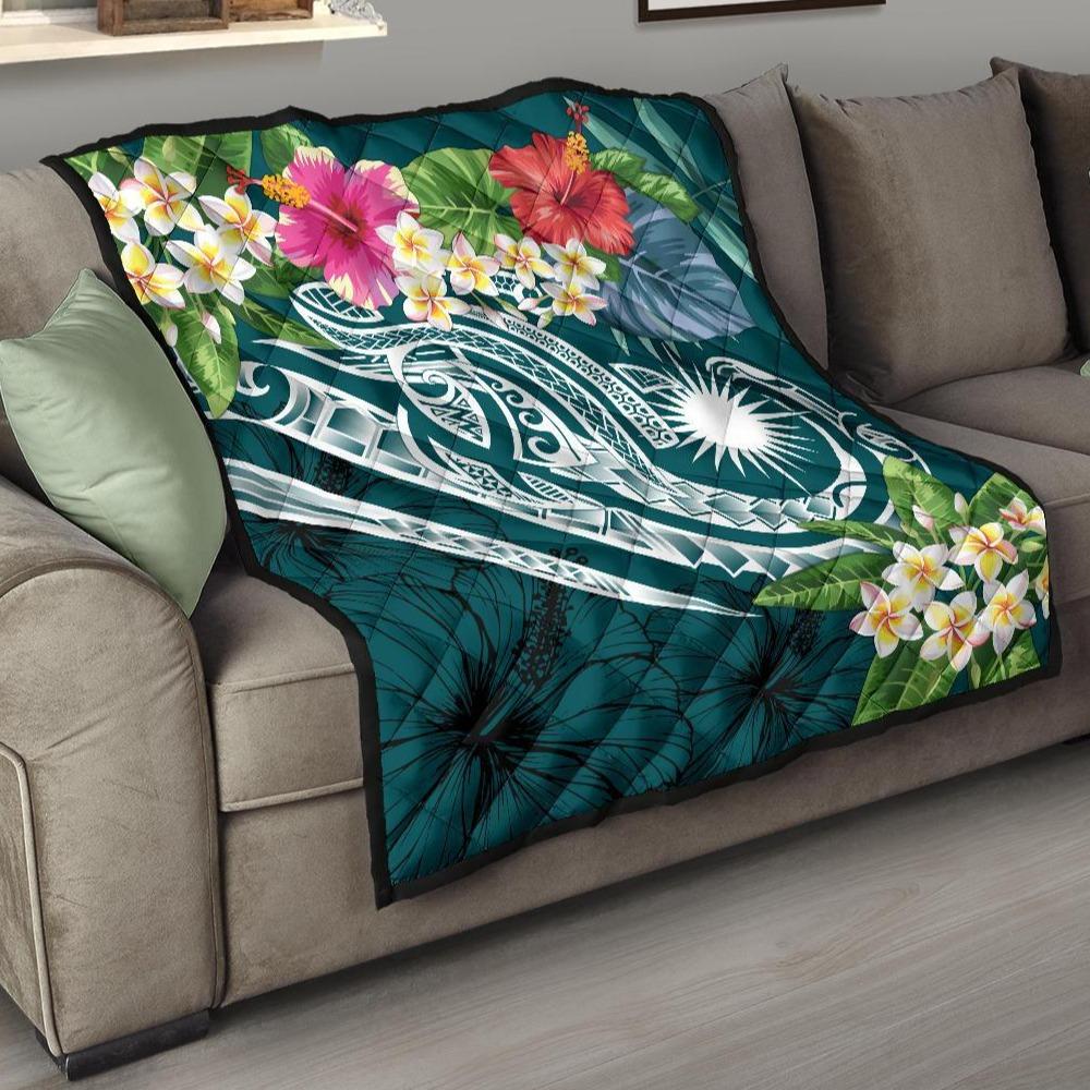 Marshall Islands Polynesian Premium Quilt - Summer Plumeria (Turquoise) Turquoise - Polynesian Pride