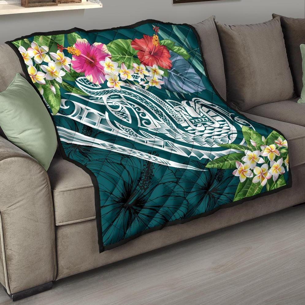 Tahiti Polynesian Premium Quilt - Summer Plumeria (Turquoise) Turquoise - Polynesian Pride