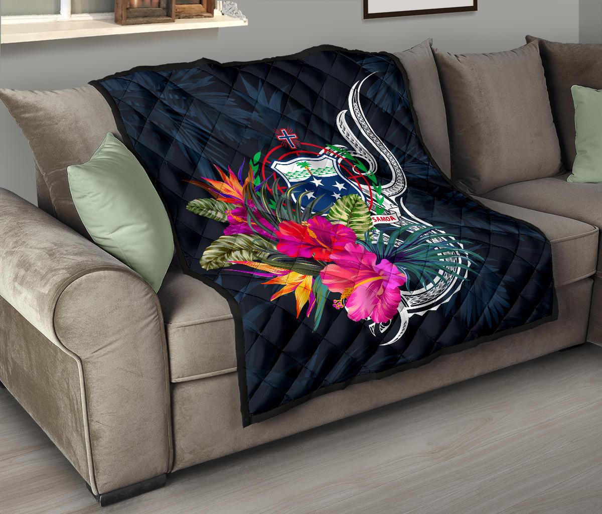 Samoa Polynesian Premium Quilt - Tropical Flowers Blue - Polynesian Pride