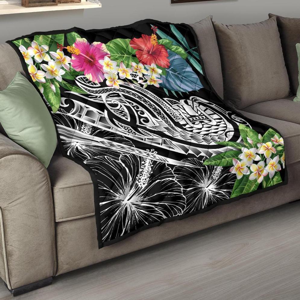 Tahiti Polynesian Premium Quilt - Summer Plumeria (Black) Black - Polynesian Pride