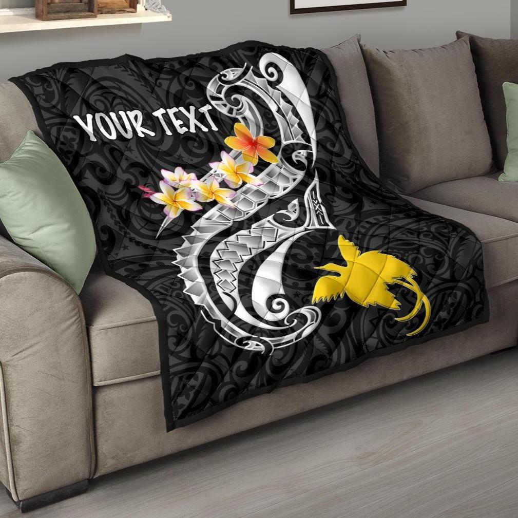 Papua New Guinea Custom Personalised Premium Quilt - PNG Seal Polynesian Patterns Plumeria (Black) Black - Polynesian Pride