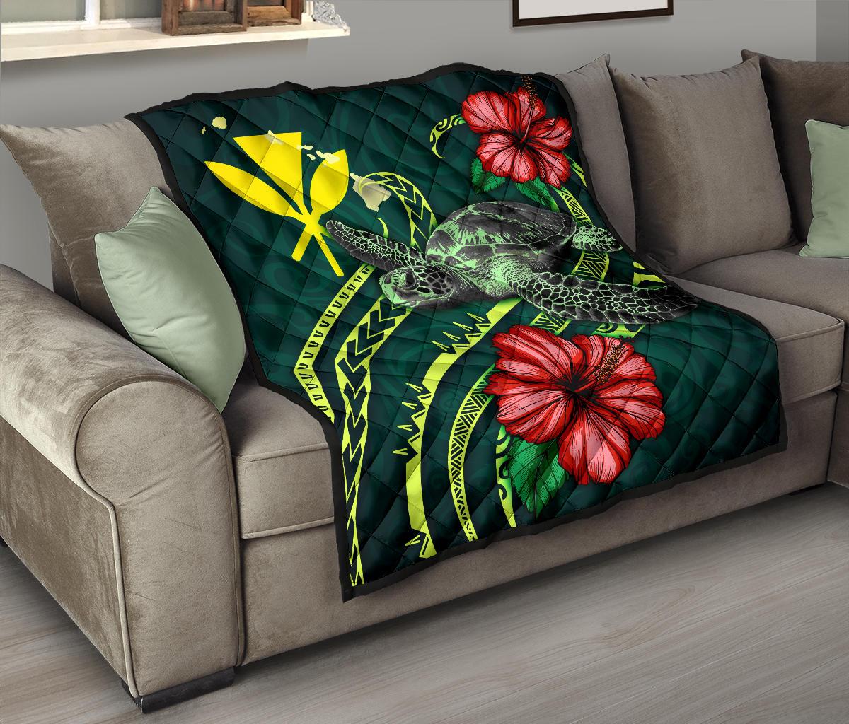 Hawaii Polynesian Premium Quilt - Green Turtle Hibiscus Green - Polynesian Pride
