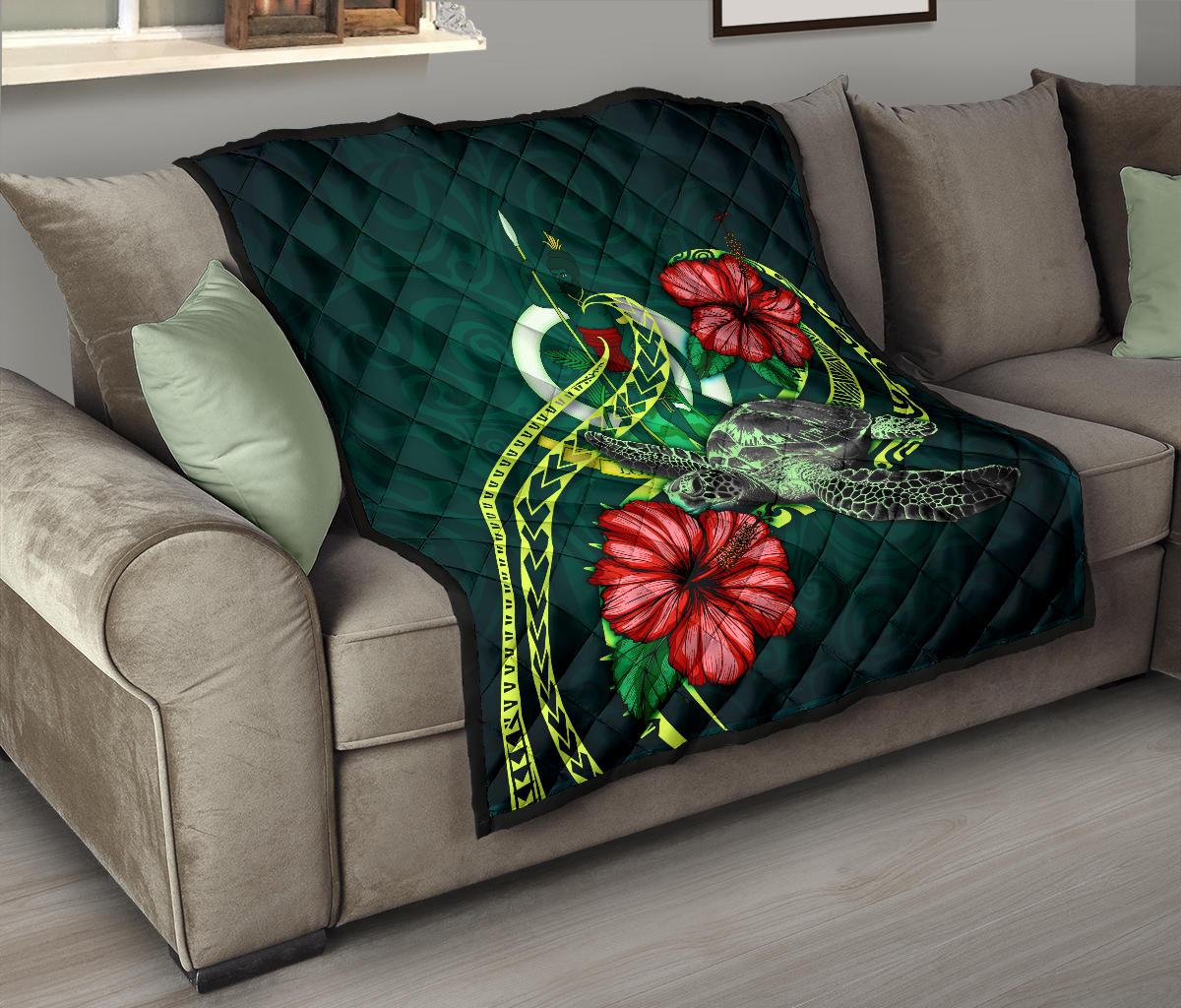 Vanuatu Polynesian Premium Quilt - Green Turtle Hibiscus - Polynesian Pride