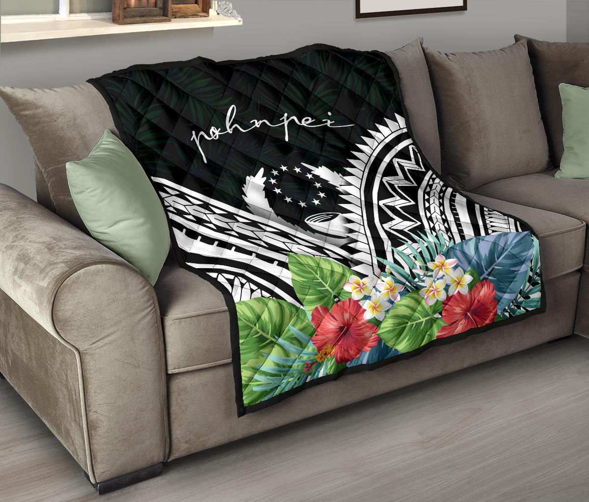 Pohnpei Premium Quilt - Pohnpei Coat of Arms & Polynesian Tropical Flowers White - Polynesian Pride