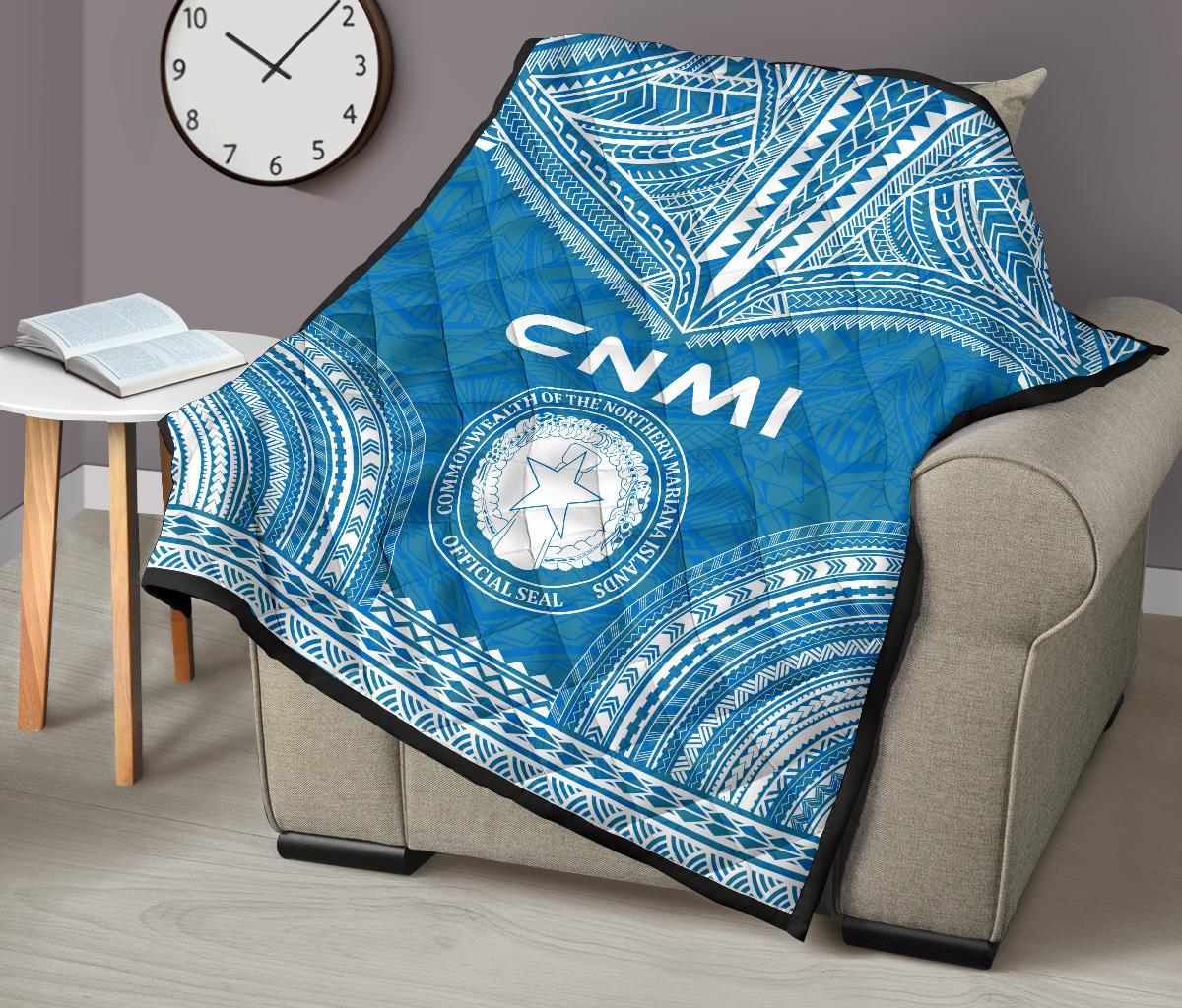 Northern Mariana Islands Premium Quilt - CNMI Seal Polynesian Chief Light Blue Version - Polynesian Pride