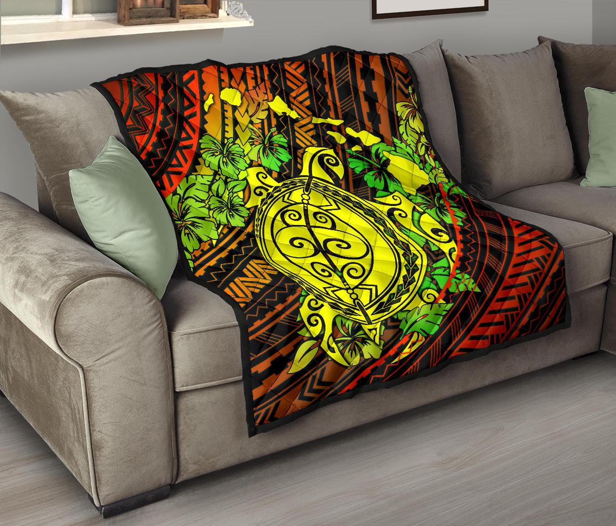 Hawaii Polynesian Premium Quilt - Hawaii Yellow Turtles Map & Green Hibiscus - Polynesian Pride