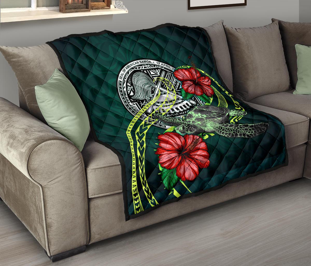American Samoa Polynesian Premium Quilt - Green Turtle Hibiscus - Polynesian Pride