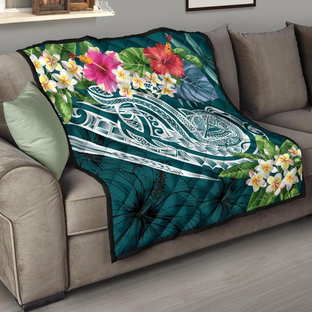 American Samoa Polynesian Premium Quilt - Summer Plumeria Blue - Polynesian Pride