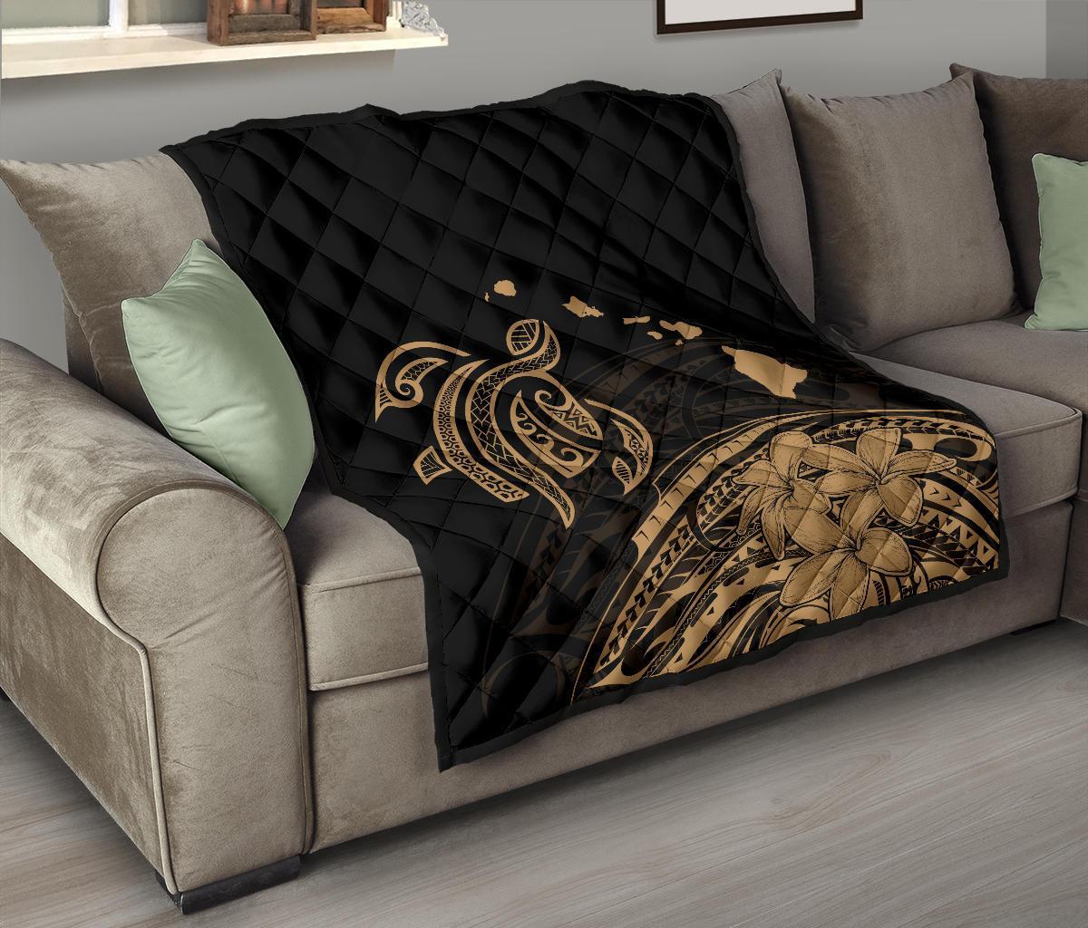 Hawaii Map Plumeria Polynesian Gold Premium Quilt - Polynesian Pride