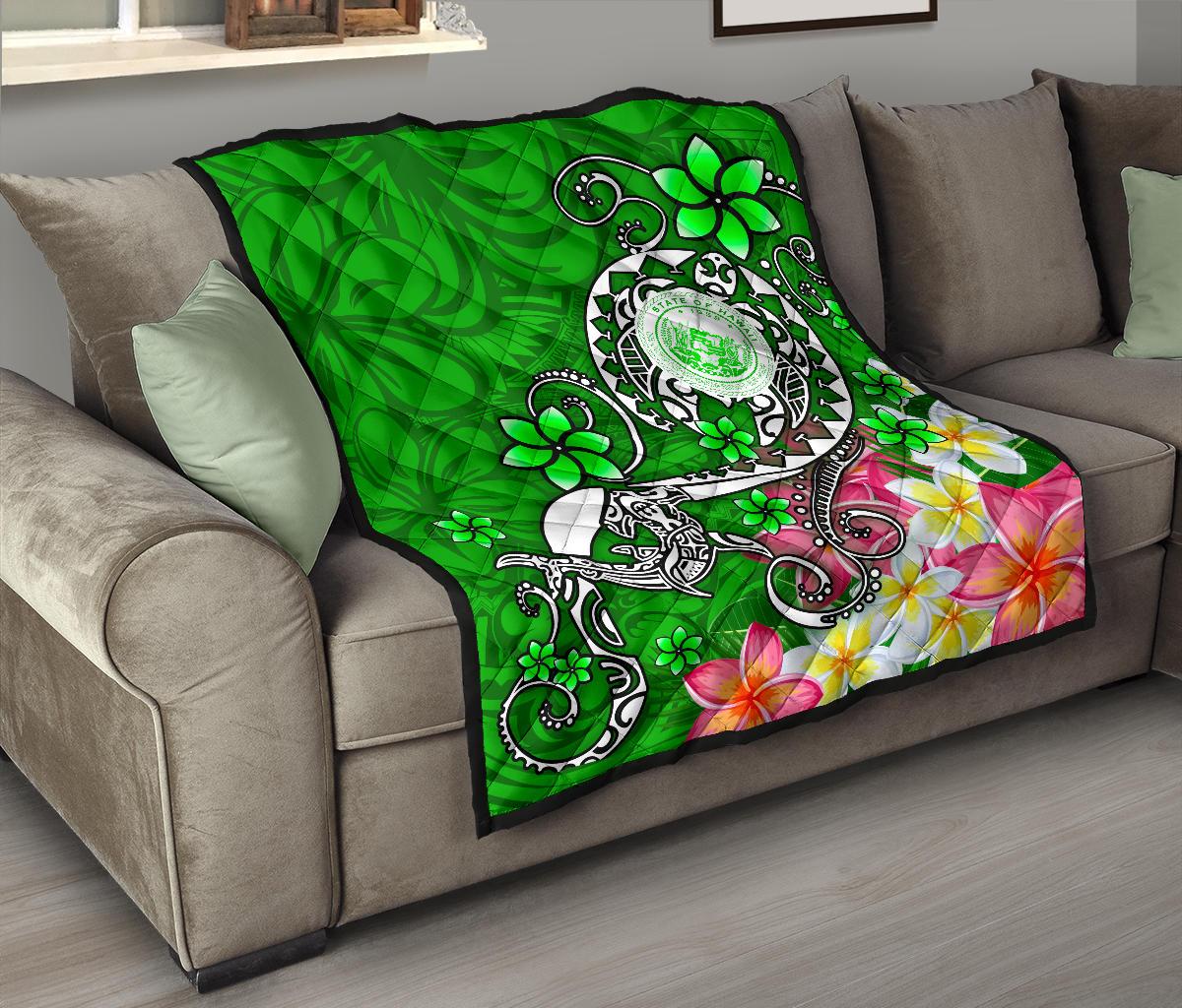 Hawaii Polynesian Premium Quilt - Hawaii Seal With Turtle Plumeria (Green) - Polynesian Pride