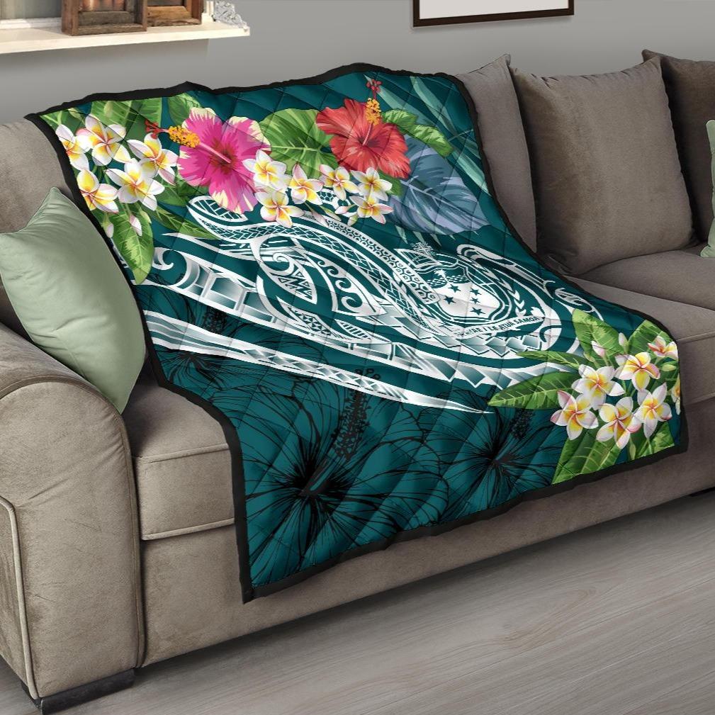 Samoa Polynesian Premium Quilt - Summer Plumeria Blue - Polynesian Pride