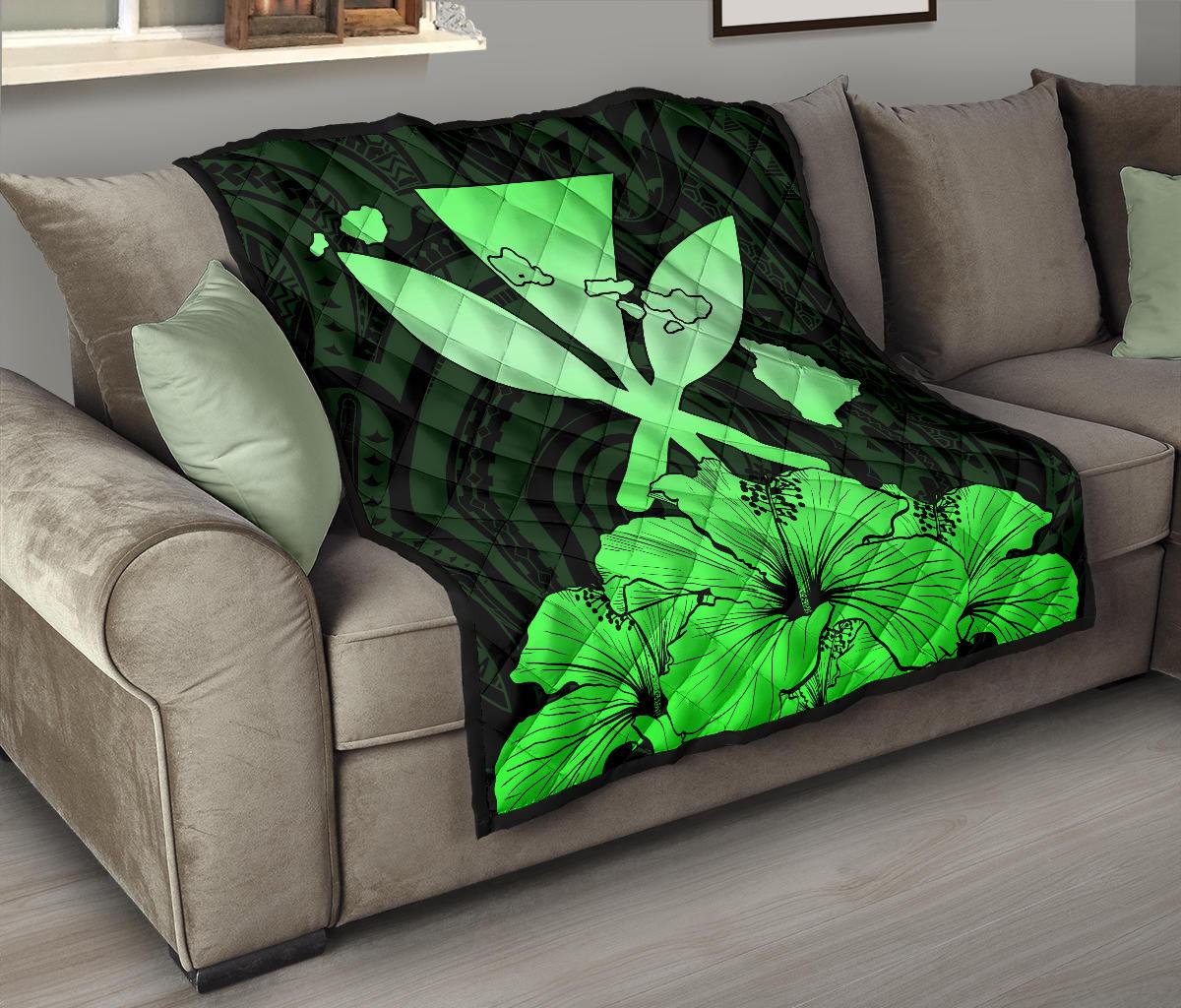 Hawaiian Kanaka Premium Quilt Hibiscus Polynesian Love Green - Polynesian Pride