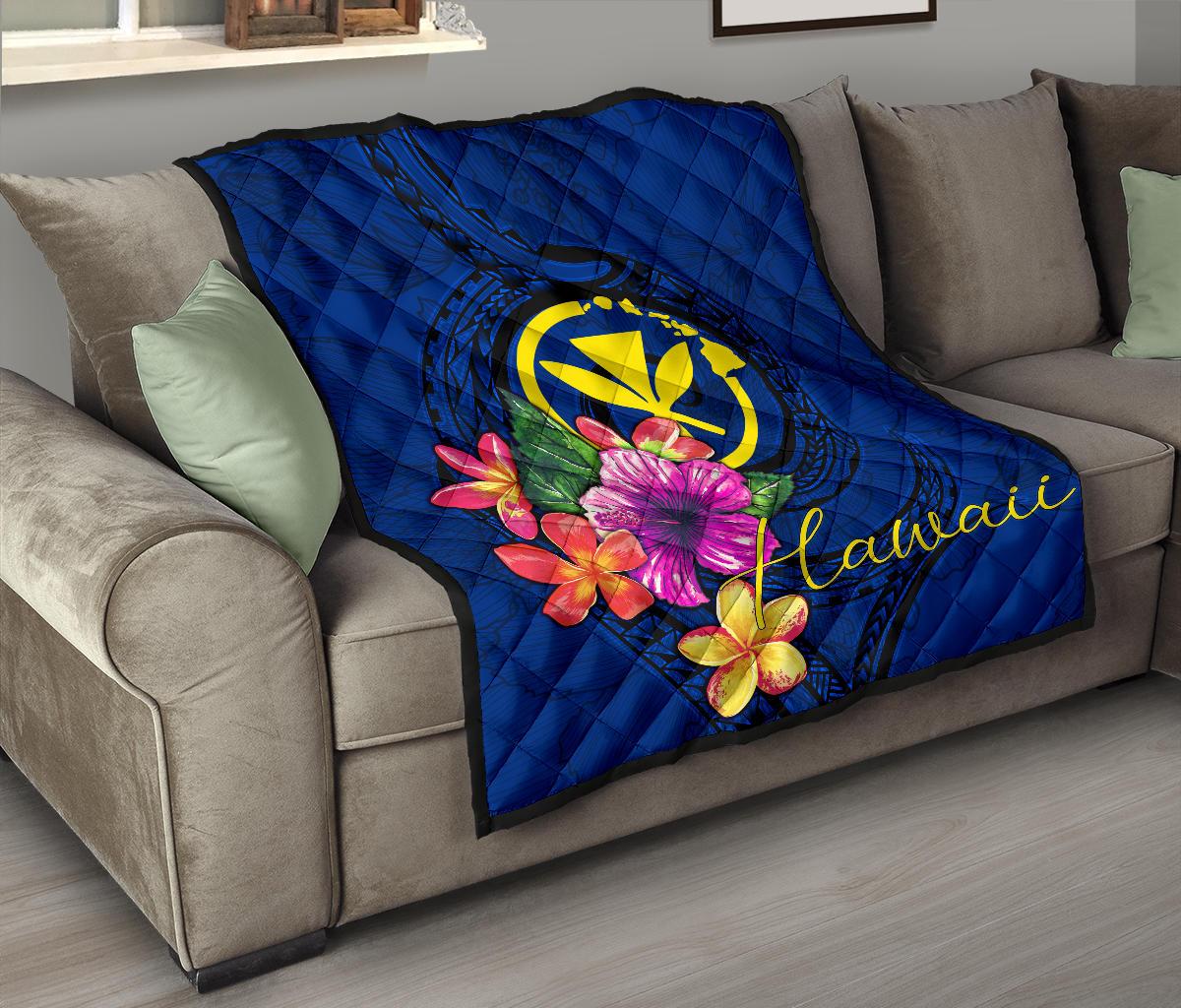 Hawaii Polynesian Premium Quilt - Floral With Seal Blue Black - Polynesian Pride