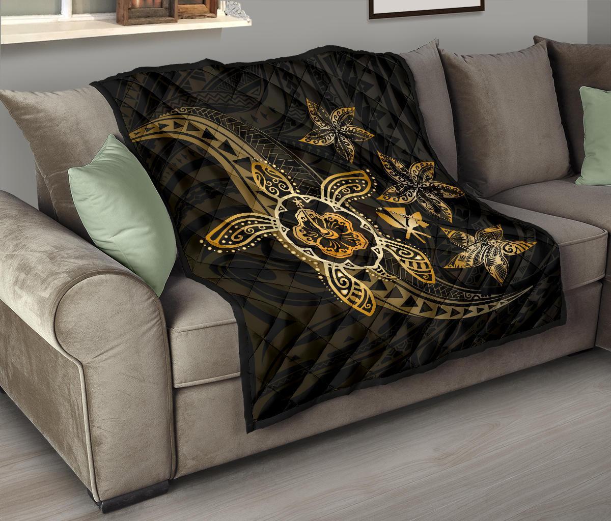 Kanaka Map Hibiscus Plumeria Turtle Art Gold Polynesian Premium Quilt - Polynesian Pride