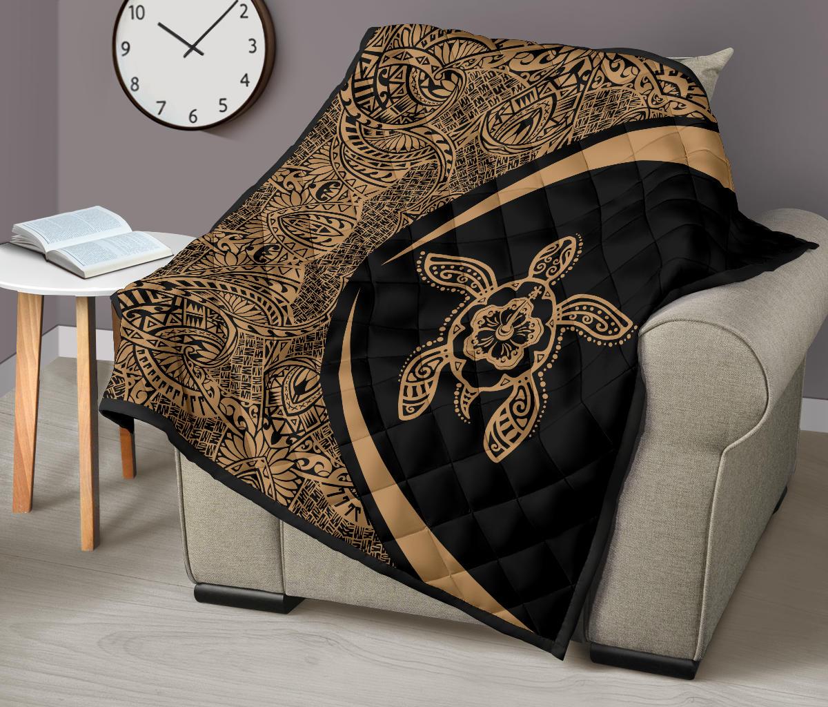 Hawaiian Hibiscus Turtle Polynesian Black Premium Quilt - Circle Style - Polynesian Pride