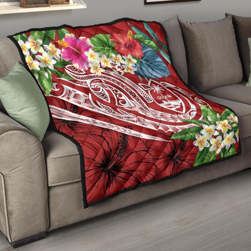Guam Polynesian Premium Quilt - Summer Plumeria (Black) Red - Polynesian Pride