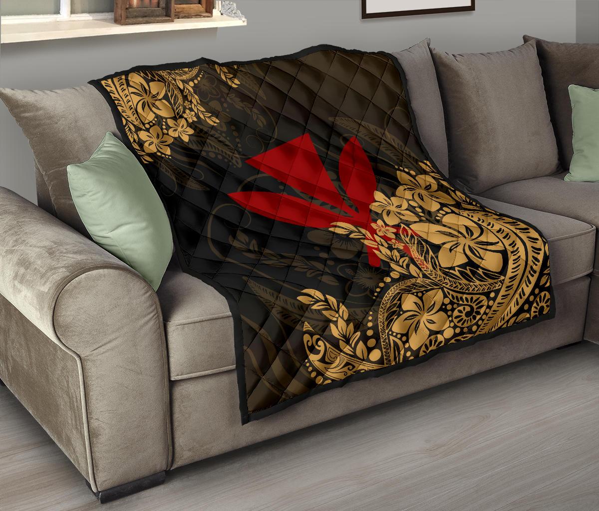 Hawaii Premium Quilt - Red Kanaka Maoli & Yellow Hibiscus Style - Polynesian Pride