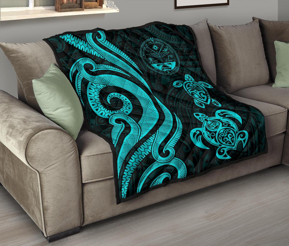 Marshall Islands Premium Quilt - Turquoise Tentacle Turtle Crest - Polynesian Pride