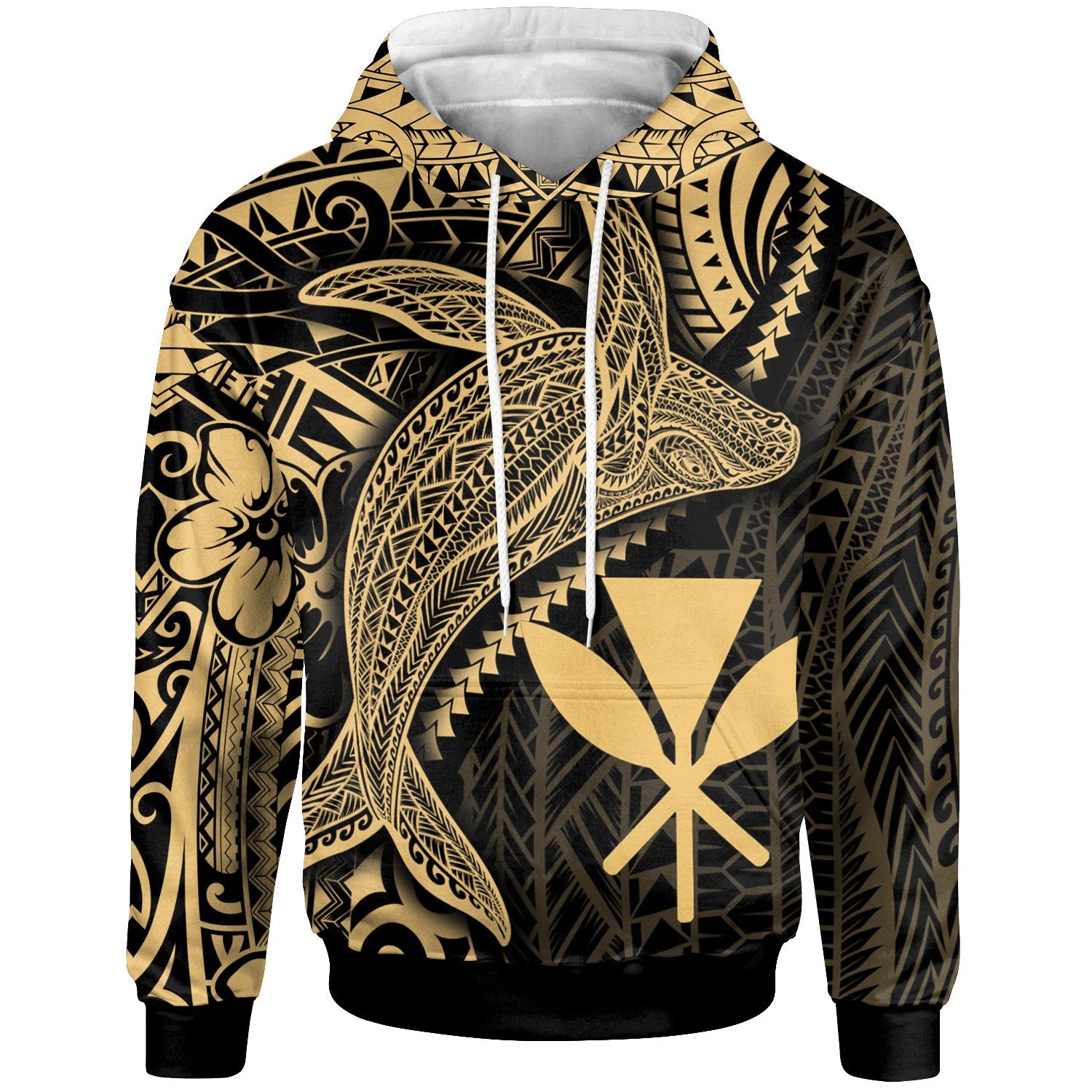 Hawaii Kanaka Maoli Hoodie Humpback Whale & Coat of Arms Gold Unisex Gold - Polynesian Pride