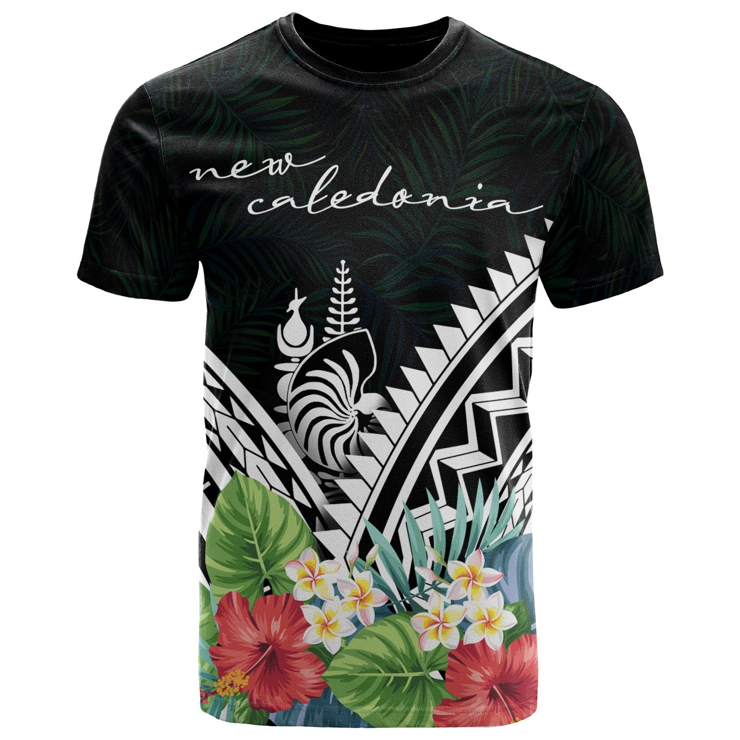 New Caleronia Polynesian T Shirts New Caleronia Coat of Arms & Polynesian Tropical Flowers White Unisex Art - Polynesian Pride