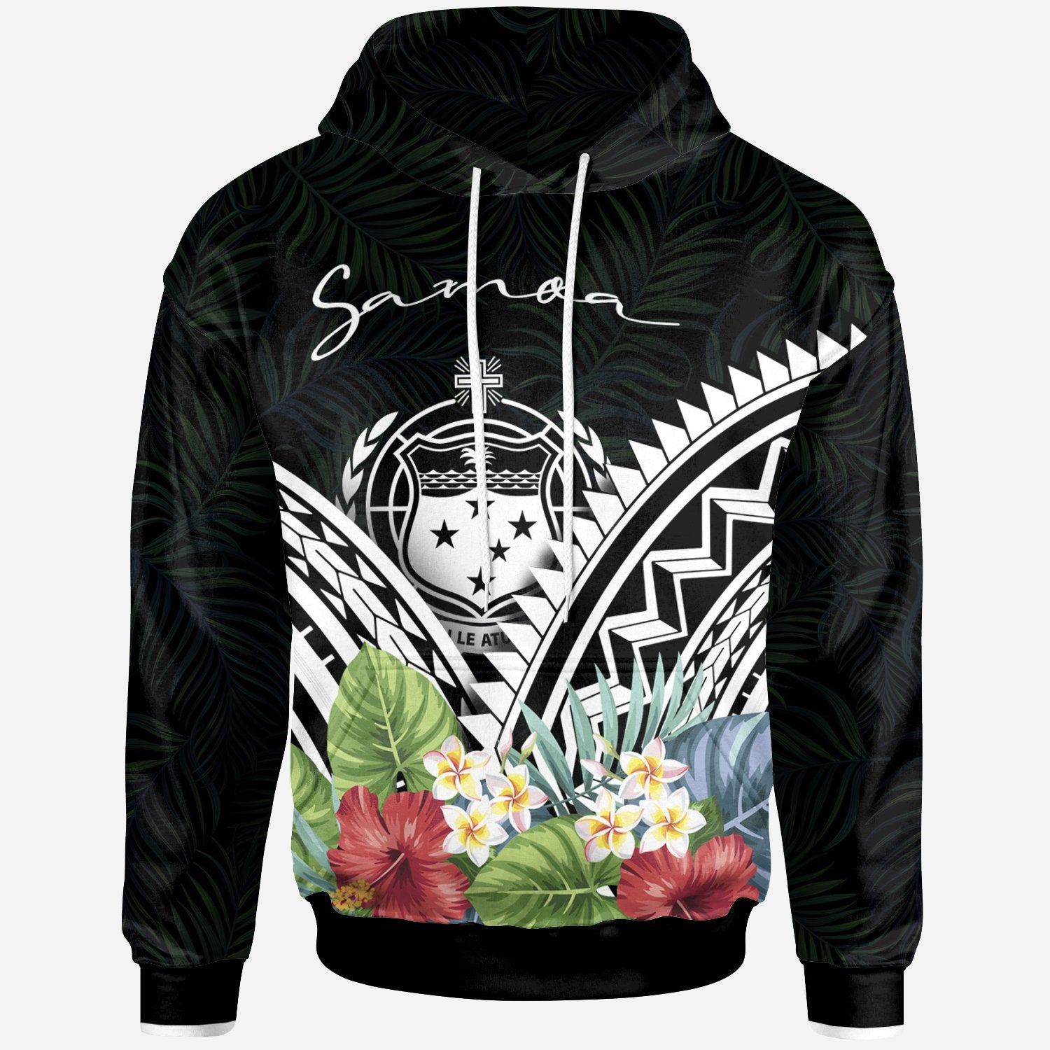 Samoa Hoodie Samoa Coat of Arms & Polynesian Tropical Flowers White Unisex White - Polynesian Pride