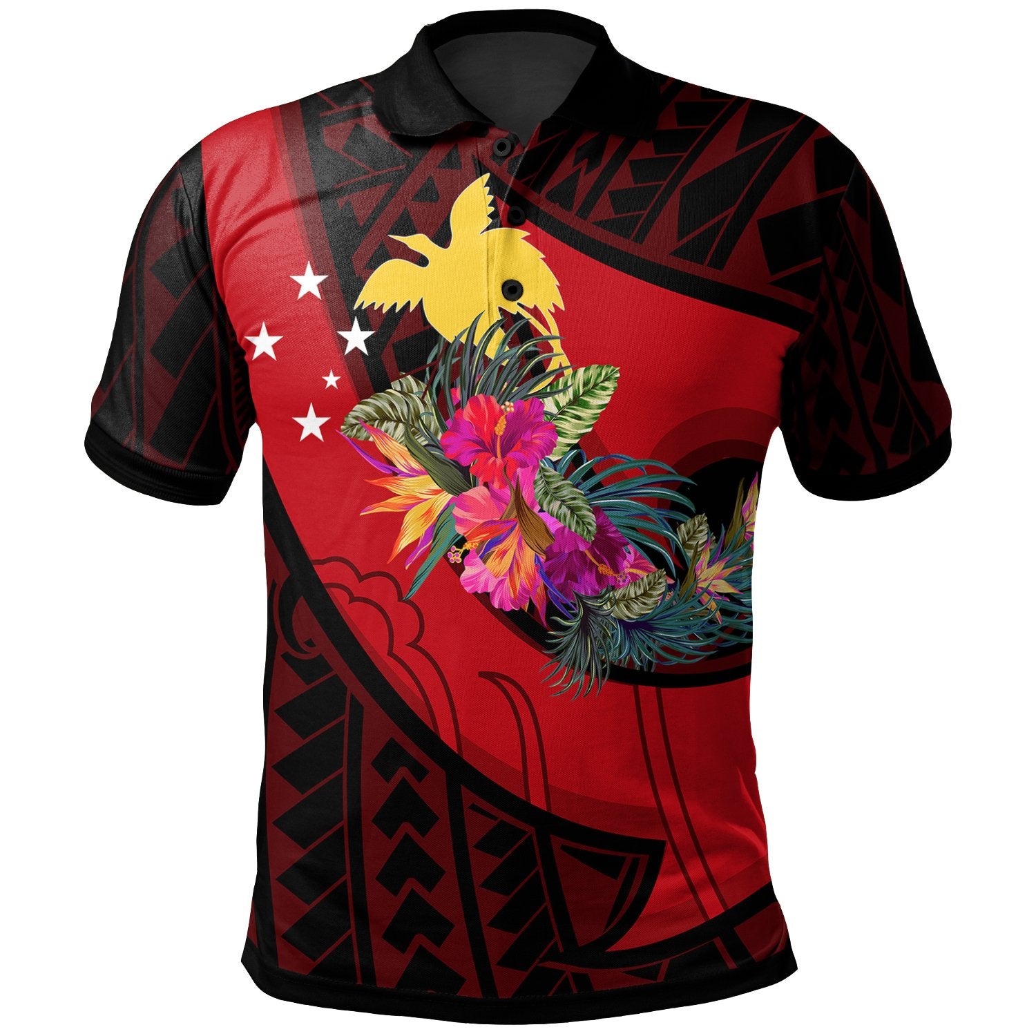 Papua New Guinea Polo Shirt Polynesian Hook and Hibiscus (Red) Unisex Red - Polynesian Pride