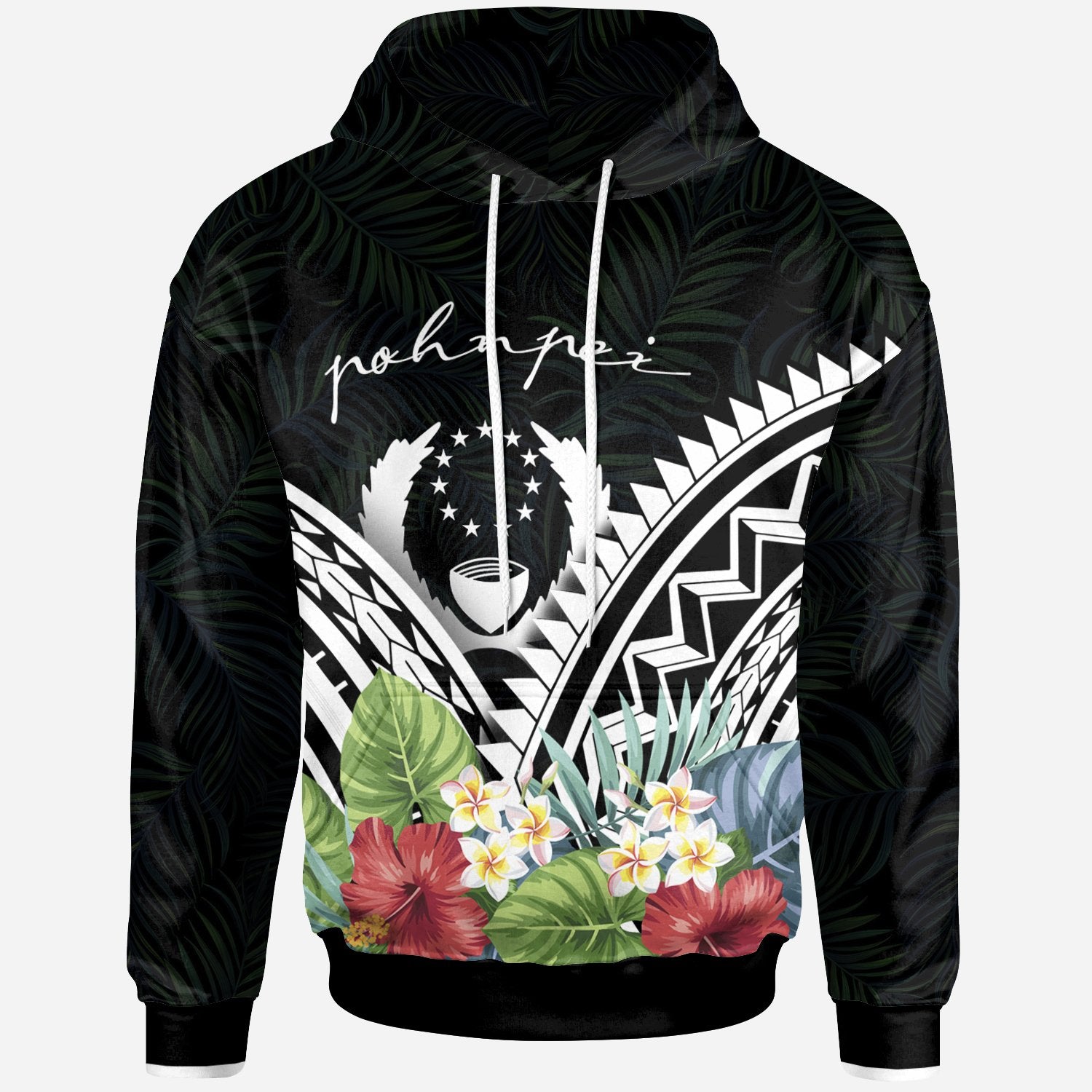 Pohnpei Hoodie Pohnpei Coat of Arms & Polynesian Tropical Flowers White Unisex White - Polynesian Pride