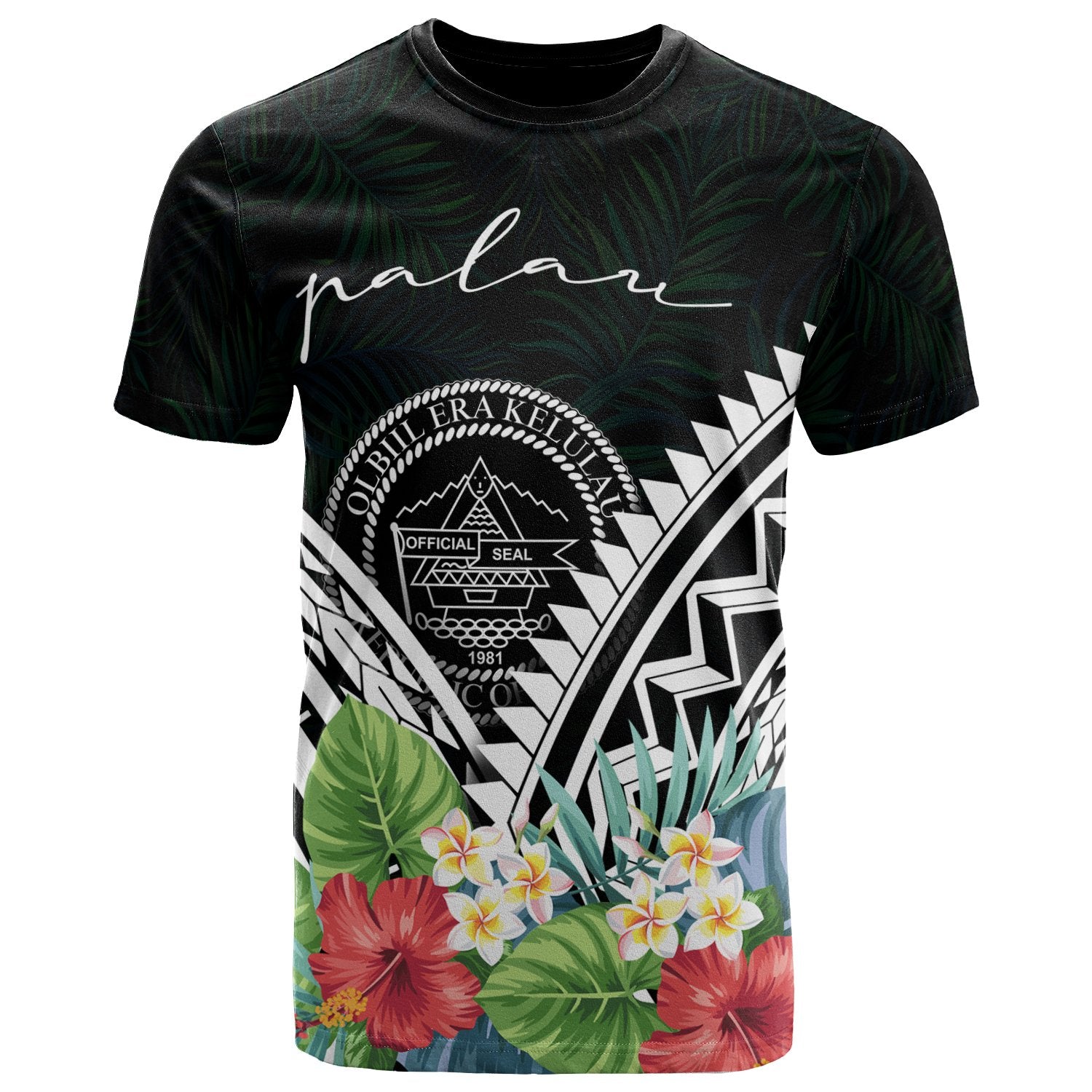 Palau Polynesian T Shirts Palau Coat of Arms & Polynesian Tropical Flowers White Unisex Art - Polynesian Pride