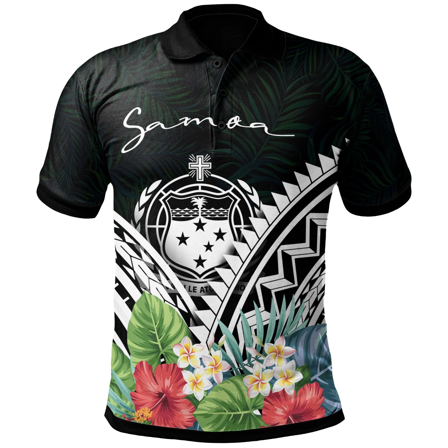 Samoa Polo Shirt Samoan Coat of Arms and Polynesian Tropical Flowers White Unisex White - Polynesian Pride