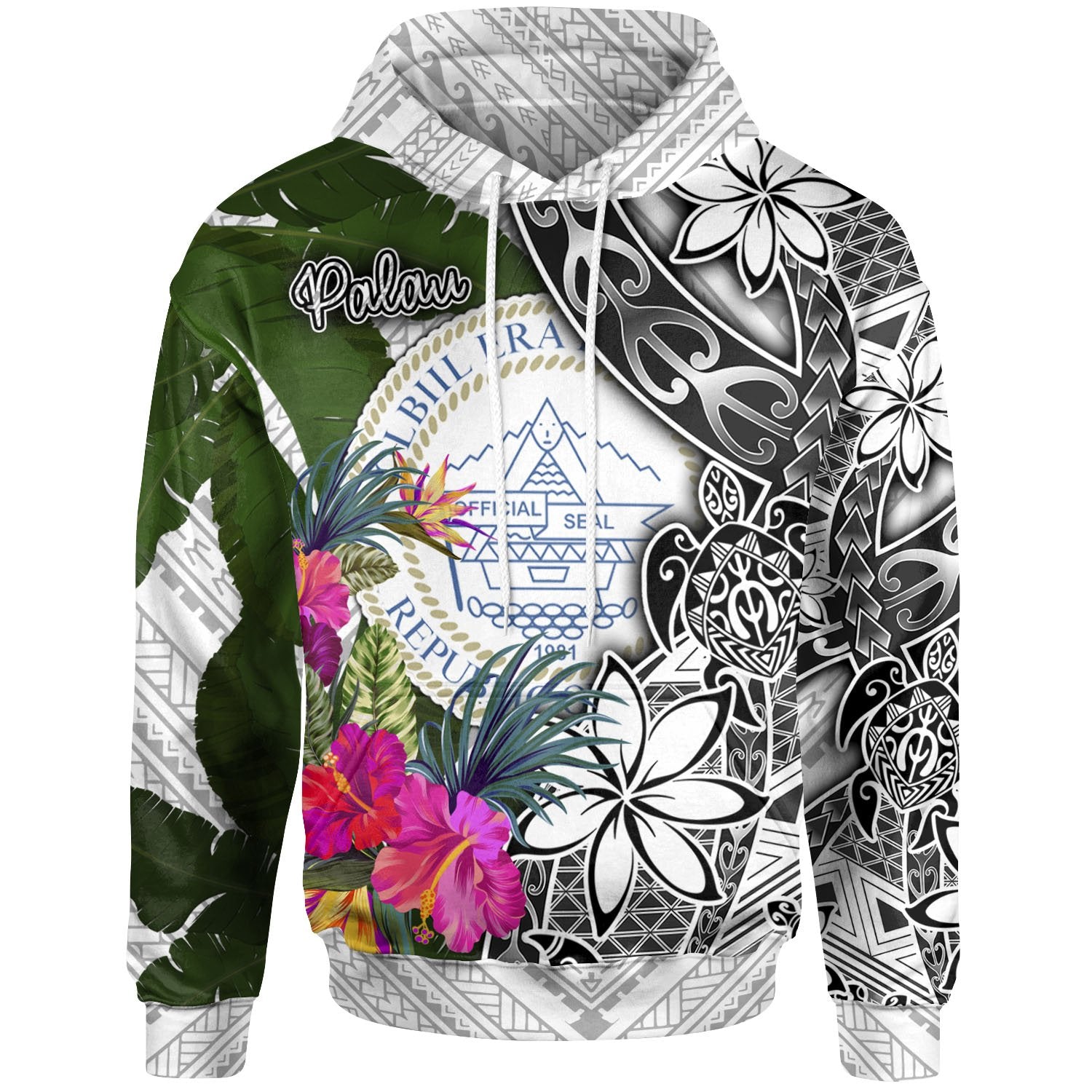 Palau Hoodie White Turtle Plumeria Banana Leaf Unisex White - Polynesian Pride