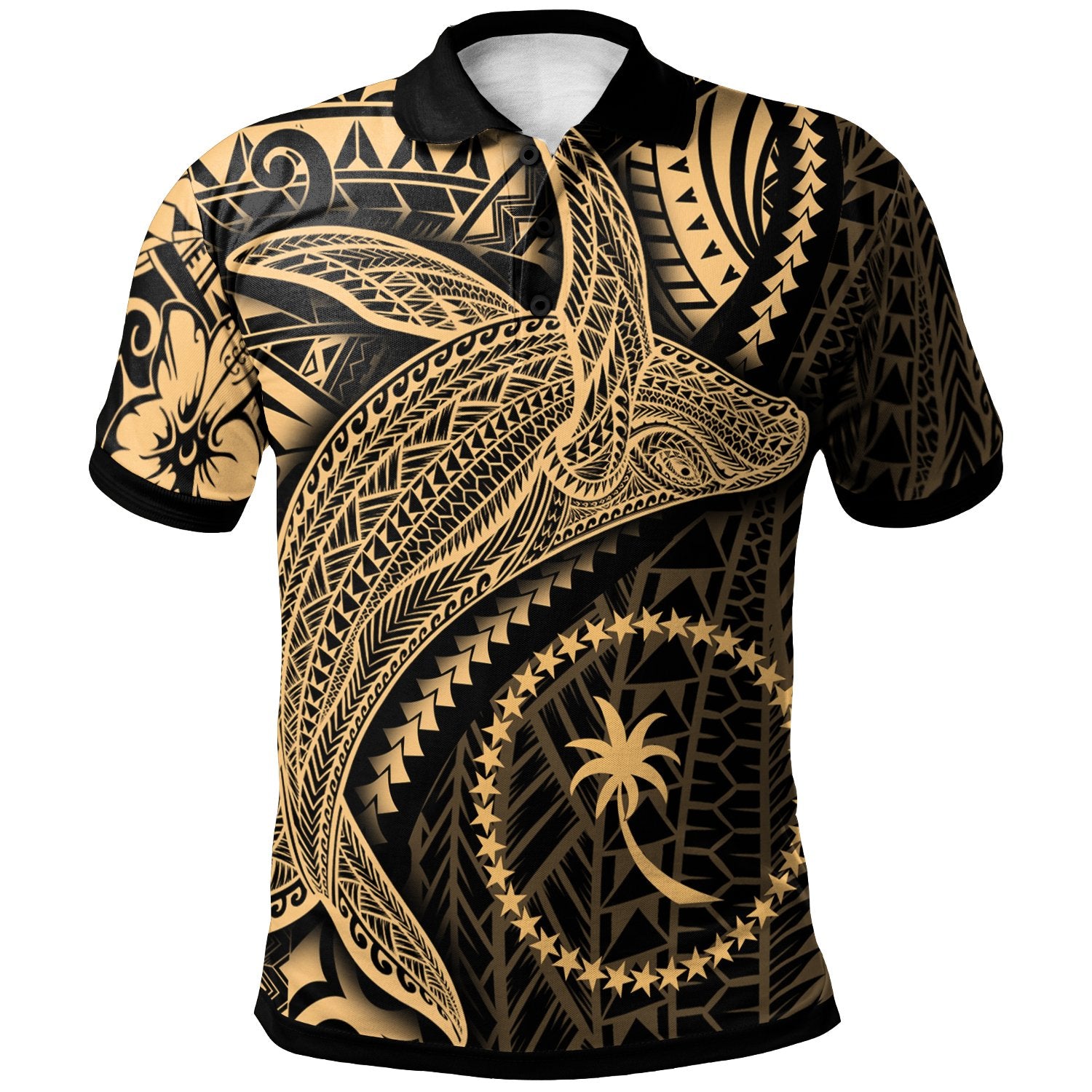 Chuuk Polo Shirt Humpback Whale and Coat of Arms Gold Unisex Gold - Polynesian Pride