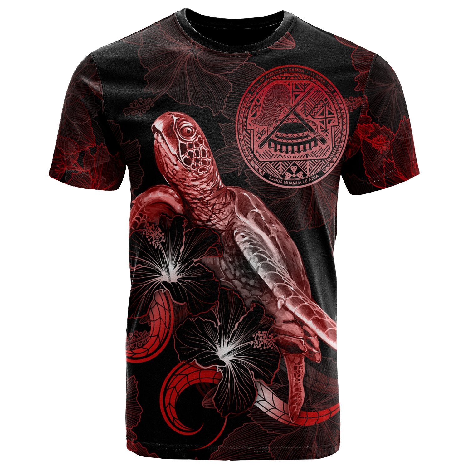 American Samoa Polynesian T Shirt Turtle With Blooming Hibiscus Red Unisex Red - Polynesian Pride