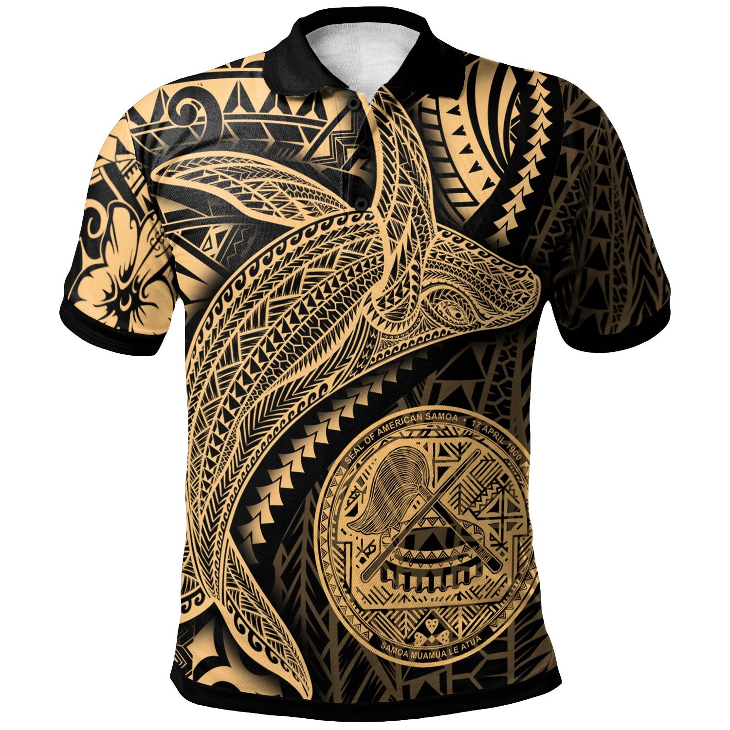 American Samoa Polo Shirt Humpback Whale and Coat of Arms Gold Unisex Gold - Polynesian Pride