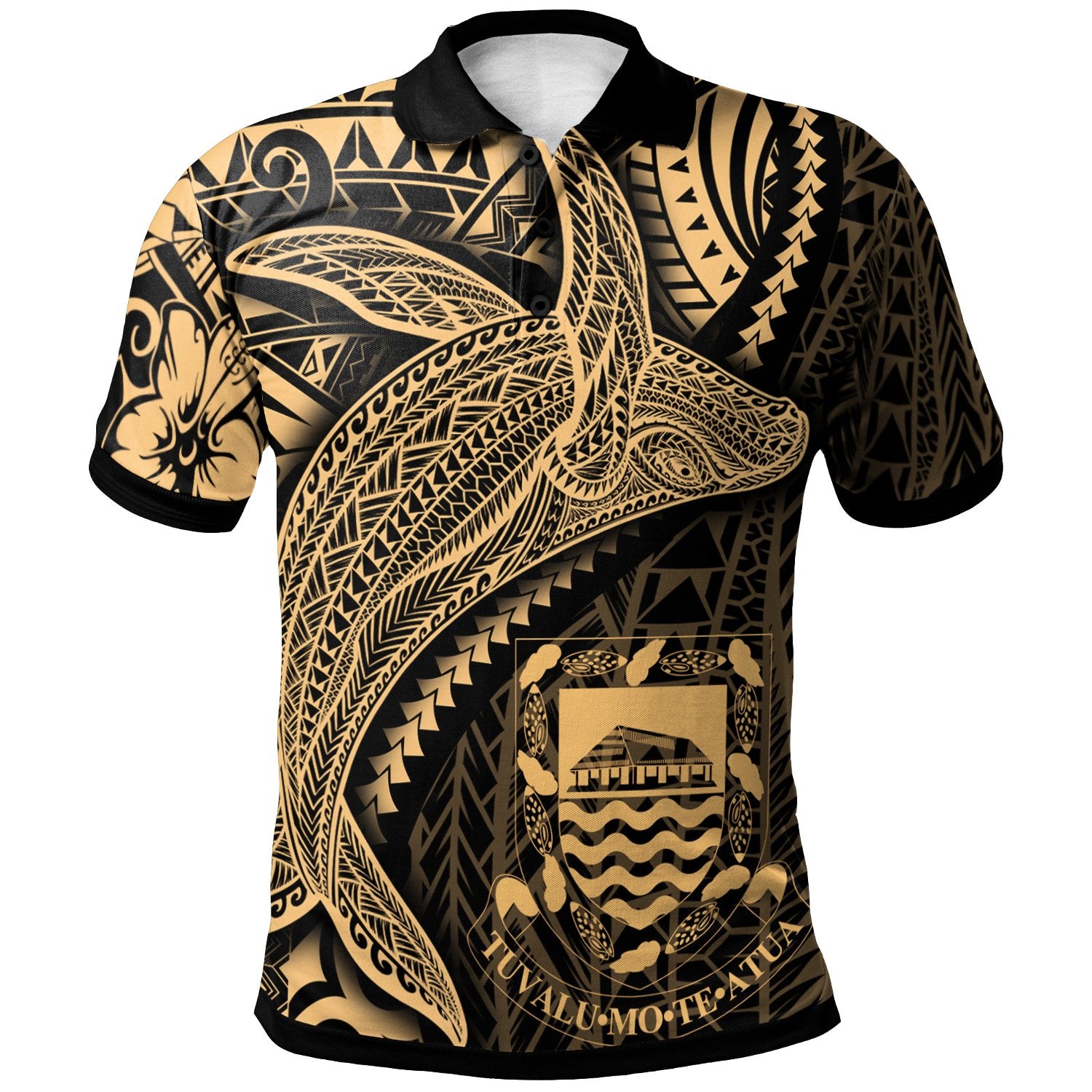 Tuvalu Polo Shirt Humpback Whale and Coat of Arms Gold Unisex Gold - Polynesian Pride