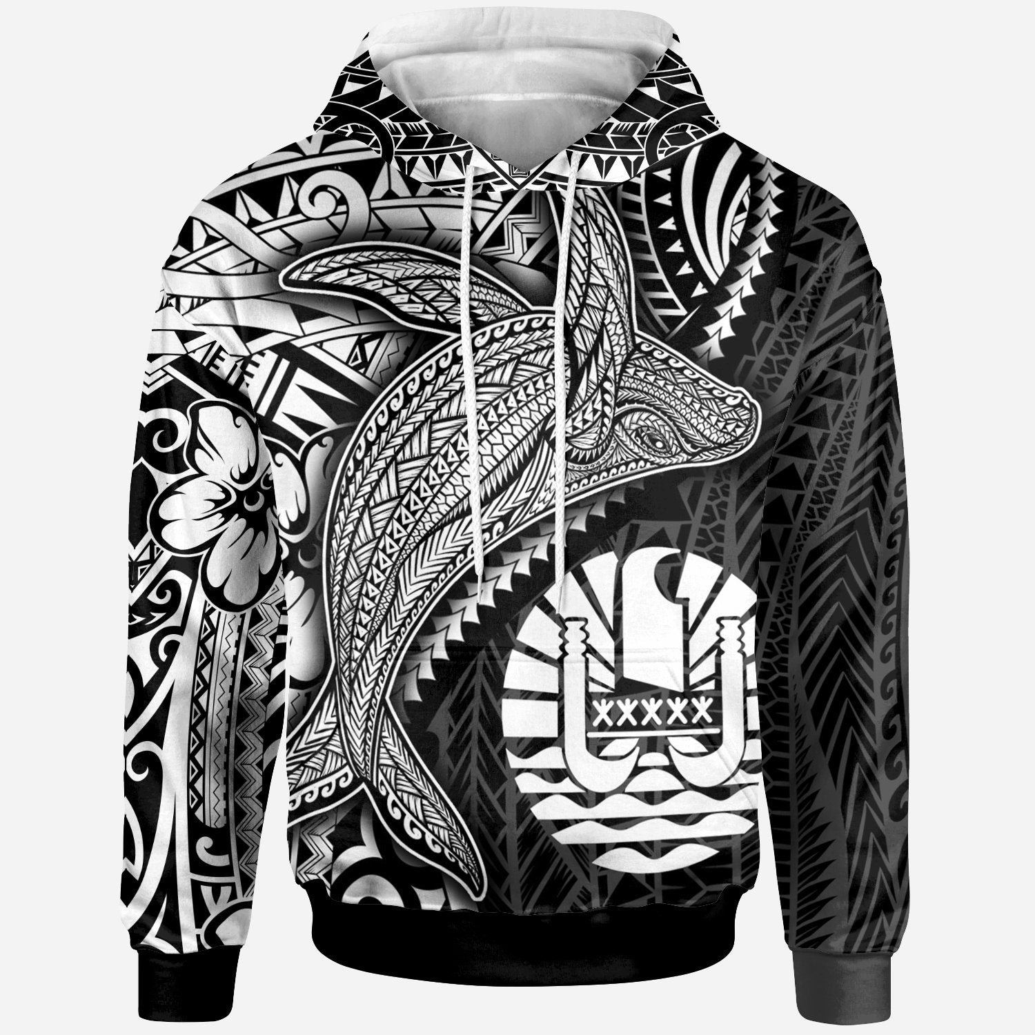 Tahiti Hoodie Humpback Whale & Coat of Arms White Unisex White - Polynesian Pride