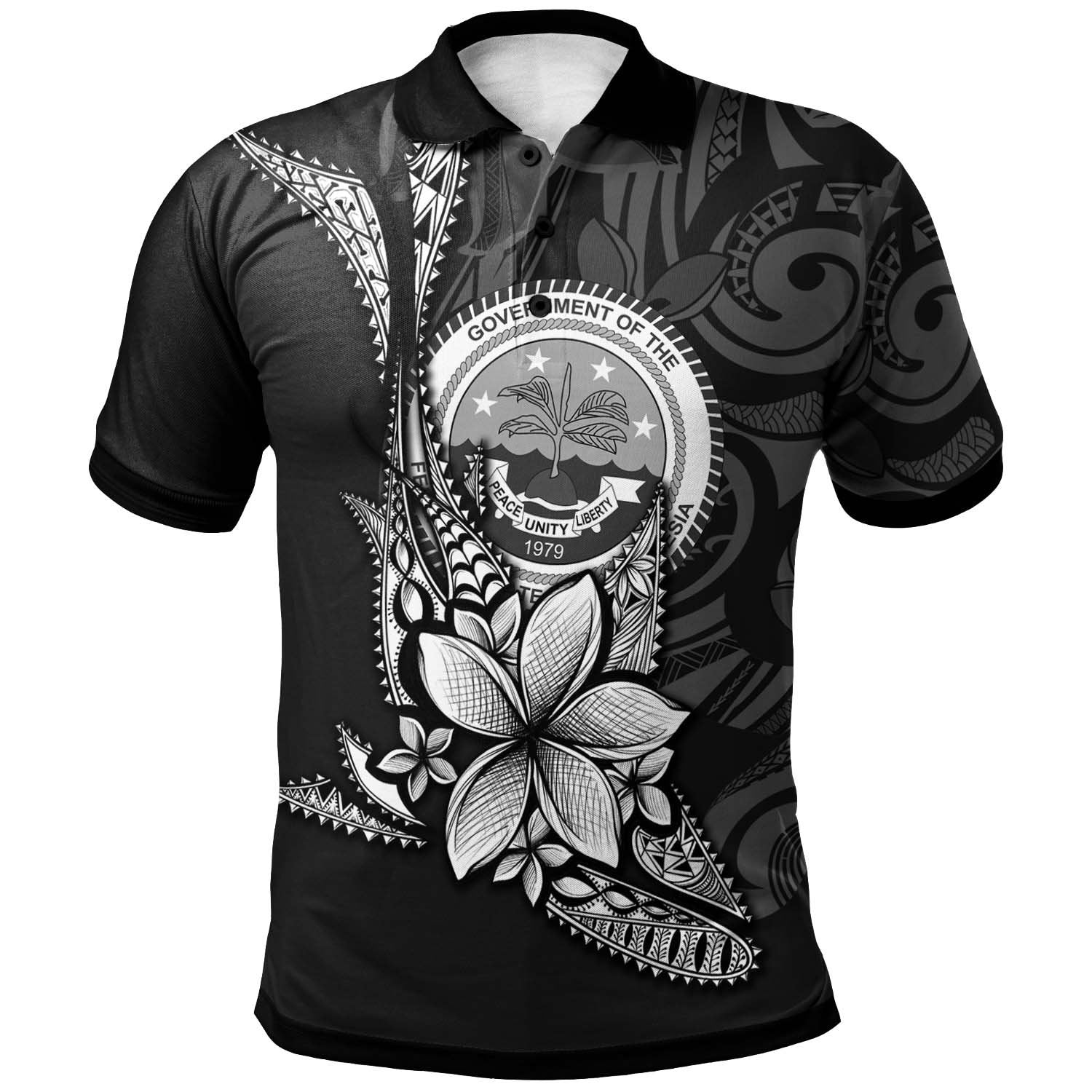 Federated States of Micronesia Custom Polo Shirt Fish With Plumeria Flowers Style Unisex Black - Polynesian Pride