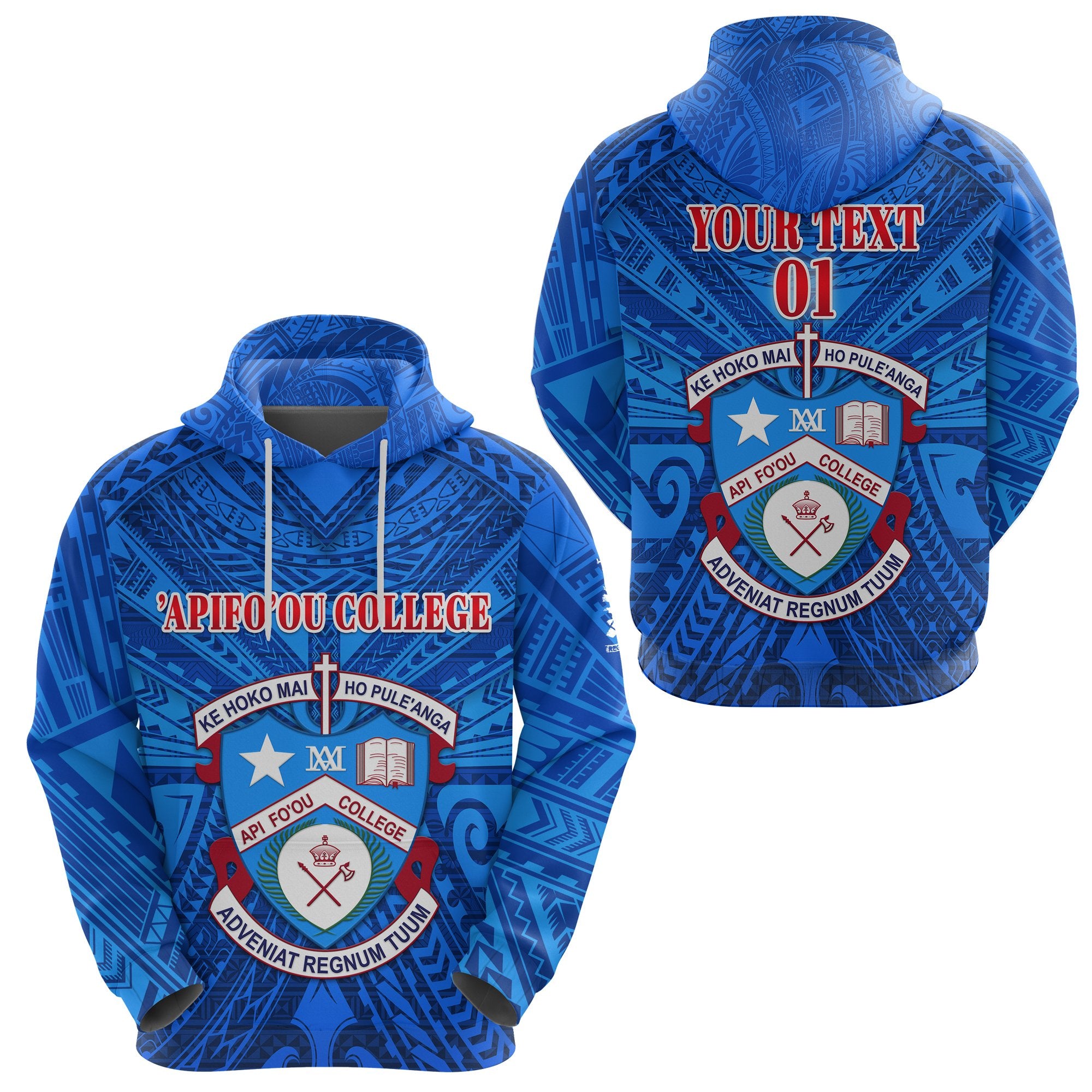 Custom Kolisi Apifoou College Tonga Hoodie Full Blue, Custom Text and Number Unisex Blue - Polynesian Pride