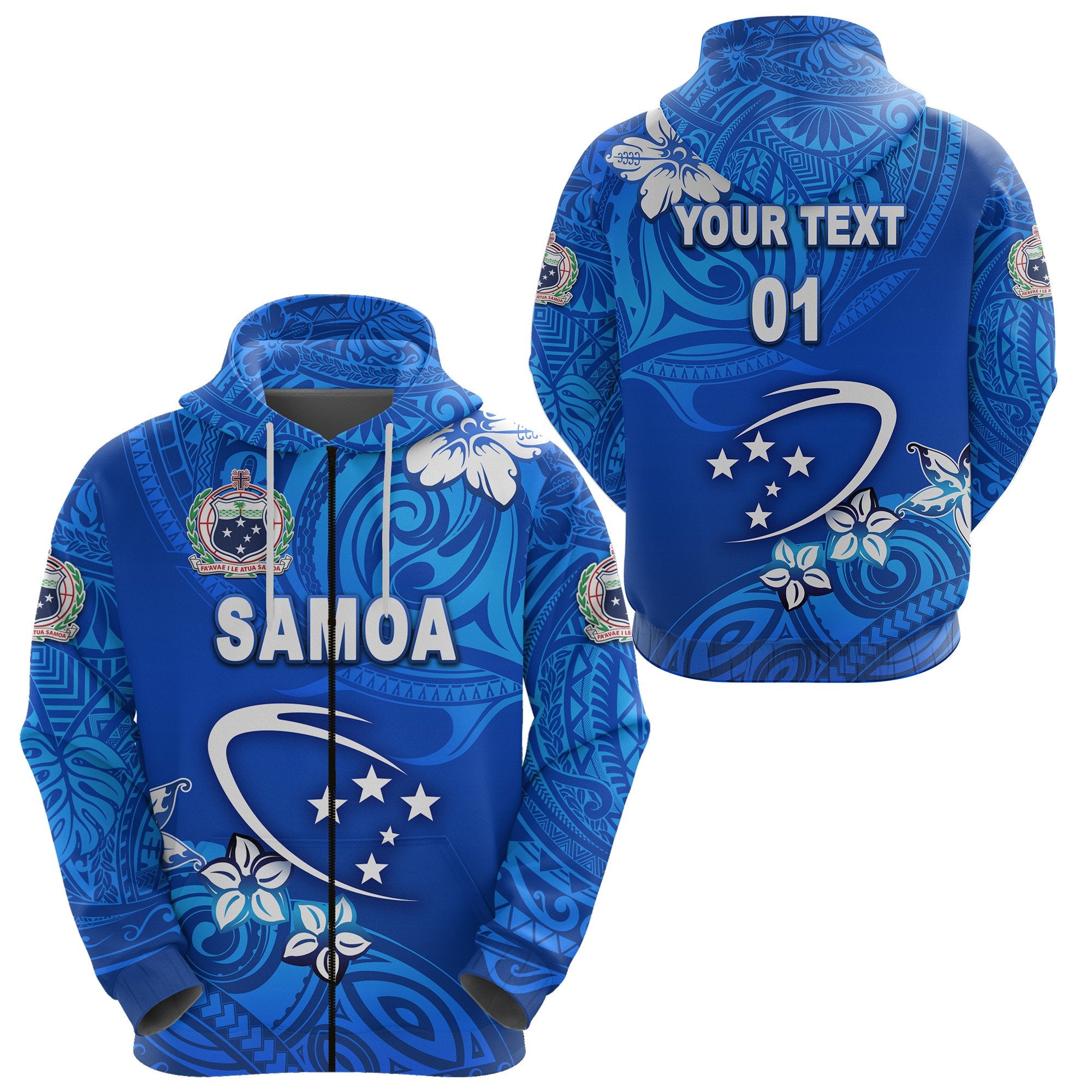Custom Manu Samoa Rugby Zip Hoodie Unique Vibes Full Blue, Custom Text and Number Unisex Blue - Polynesian Pride