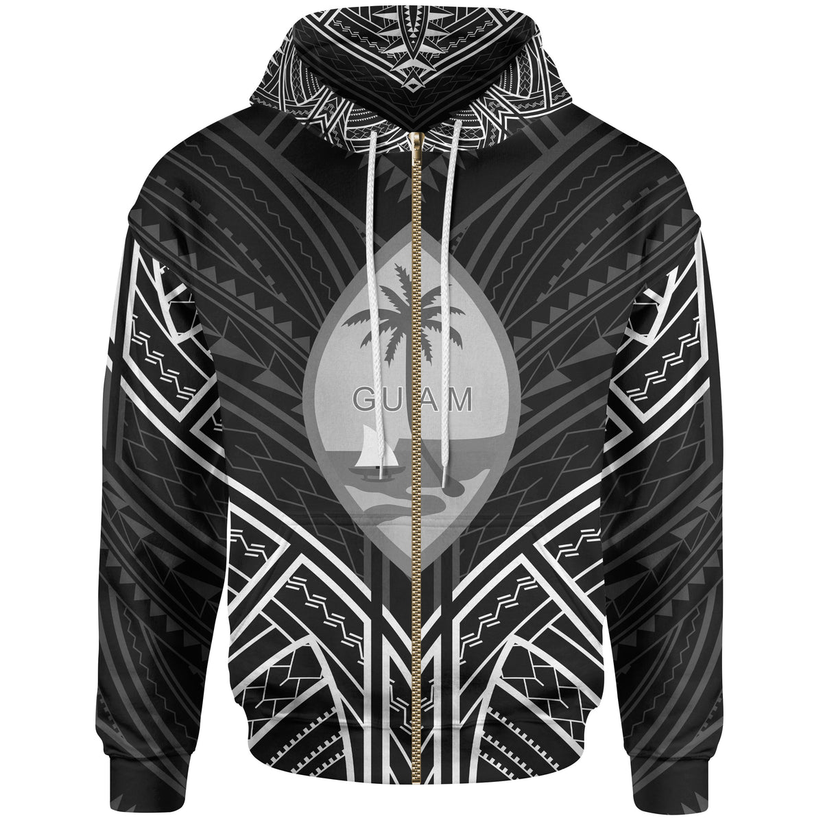 Guam Zip Hoodie Guam Seal Black Tribal Patterns Unisex White - Polynesian Pride