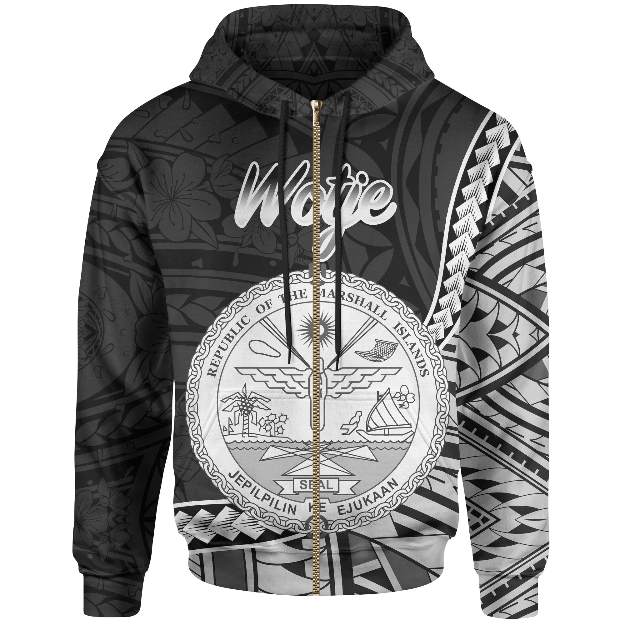 Marshall Islands Zip Hoodie Wotje Seal of Marshall Islands Polynesian Patterns Unisex Black - Polynesian Pride