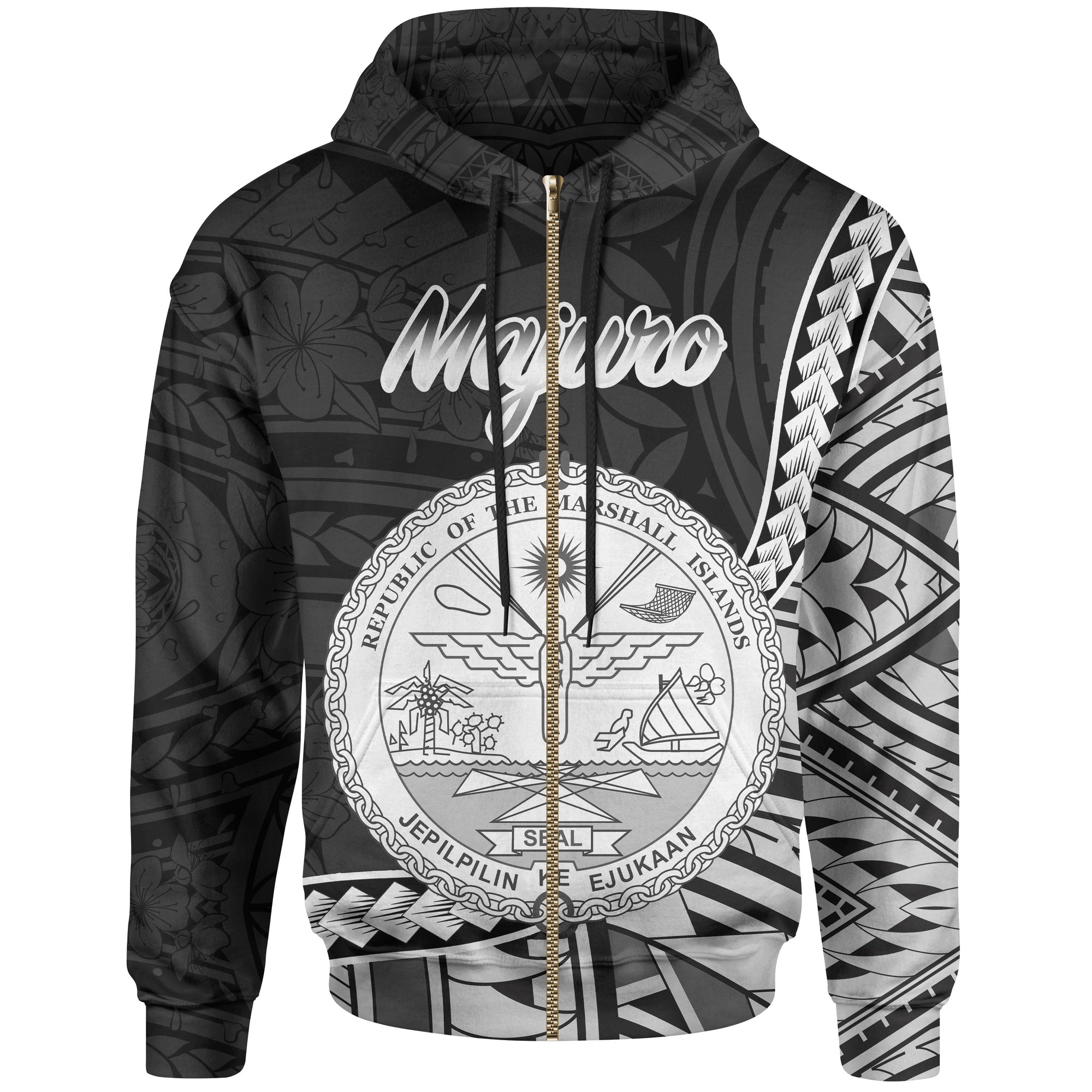 Marshall Islands Zip Hoodie Majuro Seal of Marshall Islands Polynesian Patterns Unisex Black - Polynesian Pride