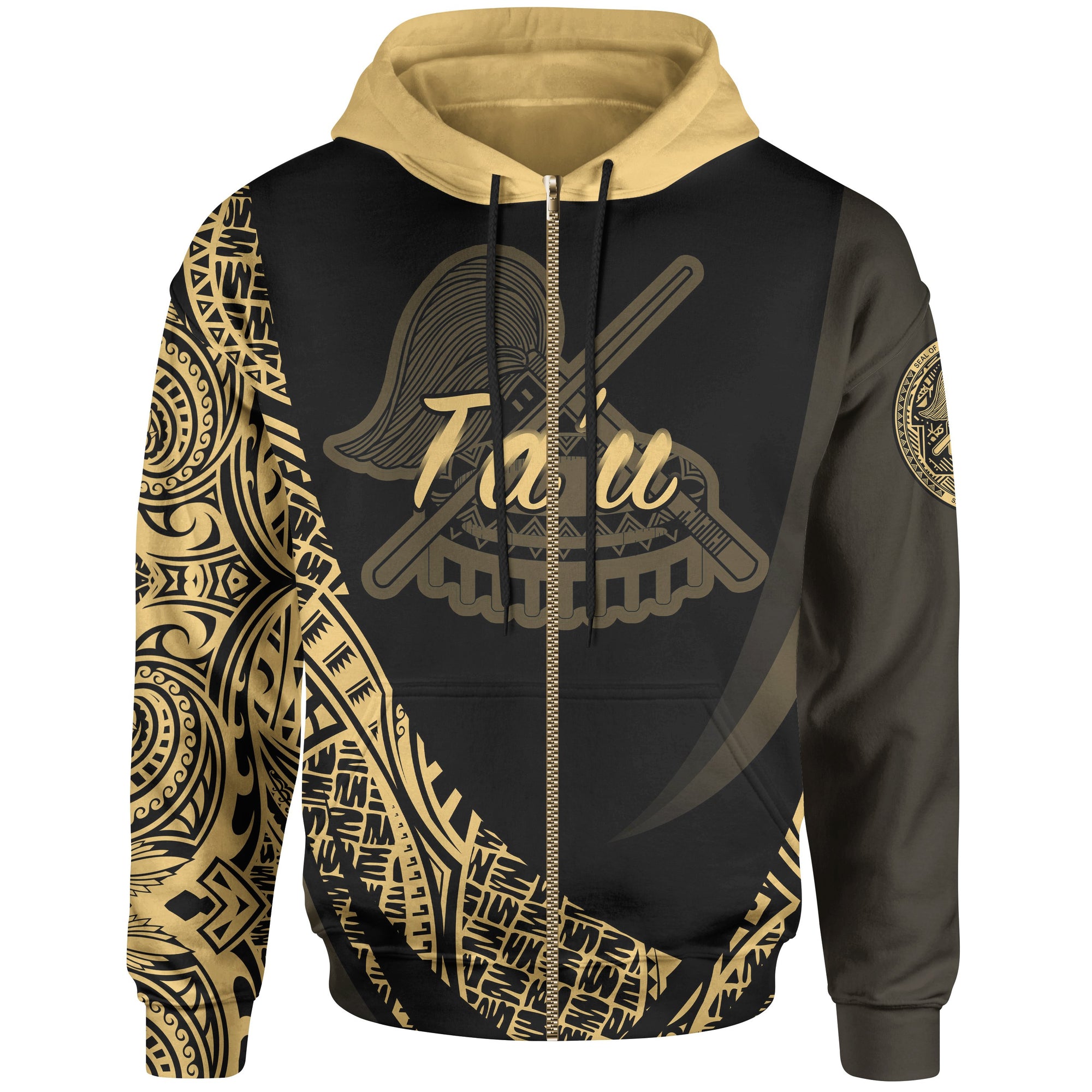 American Samoa Zip Hoodie Manua Tau Polynesian Gold Patterns Sport Style Unisex Black - Polynesian Pride