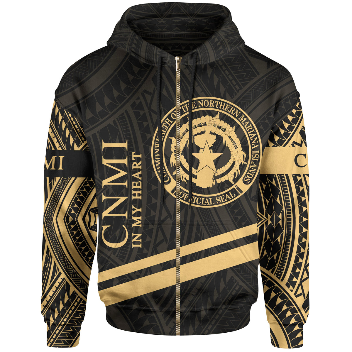 Northern Mariana Islands Zip Hoodie In My Heart Style Gold Polynesian Patterns Unisex Black - Polynesian Pride
