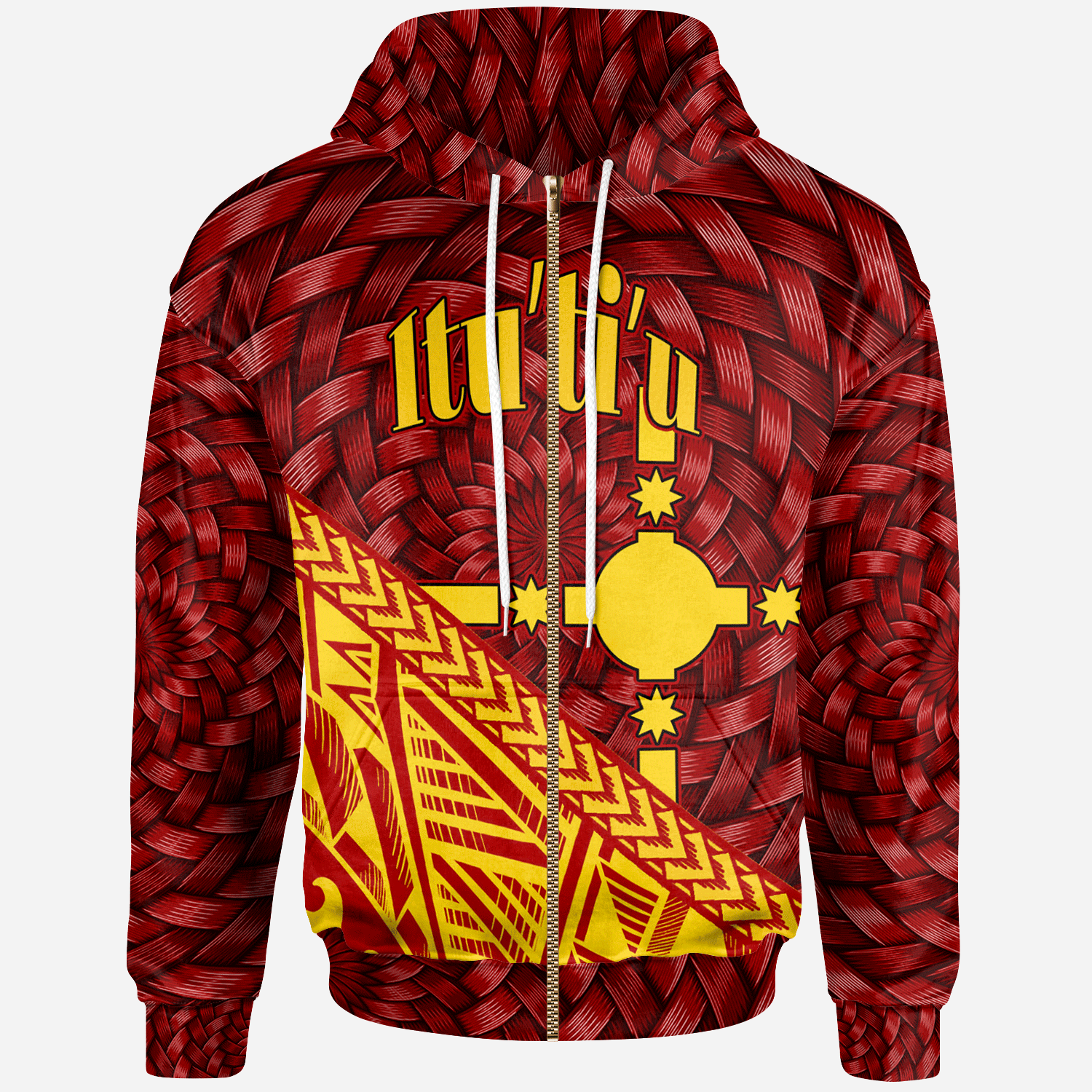 Rotuma Zip Hoodie Itutiu Tapa Patterns With Bamboo Unisex Red - Polynesian Pride