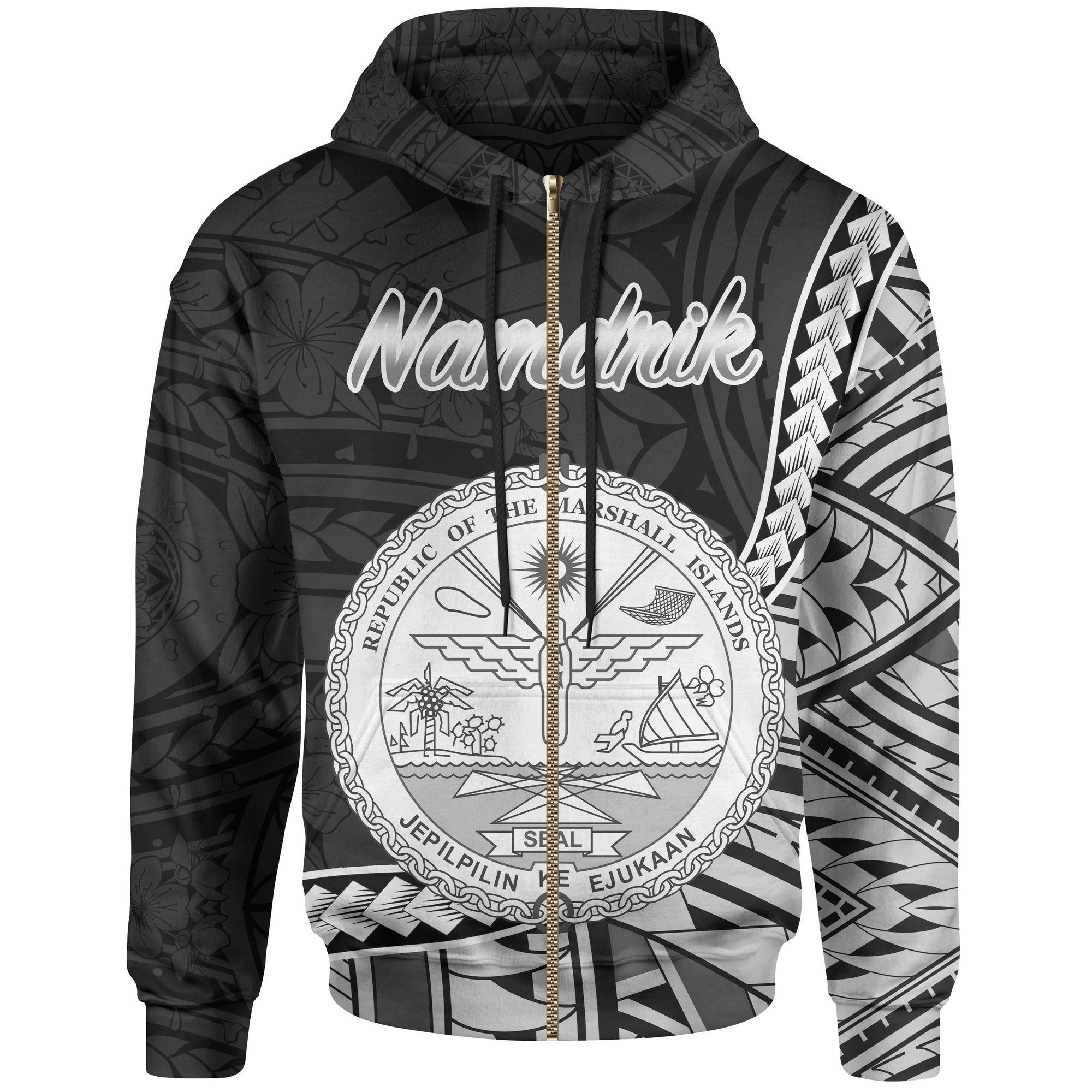 Marshall Islands Zip Hoodie Namdrik Seal of Marshall Islands Polynesian Patterns Unisex Black - Polynesian Pride