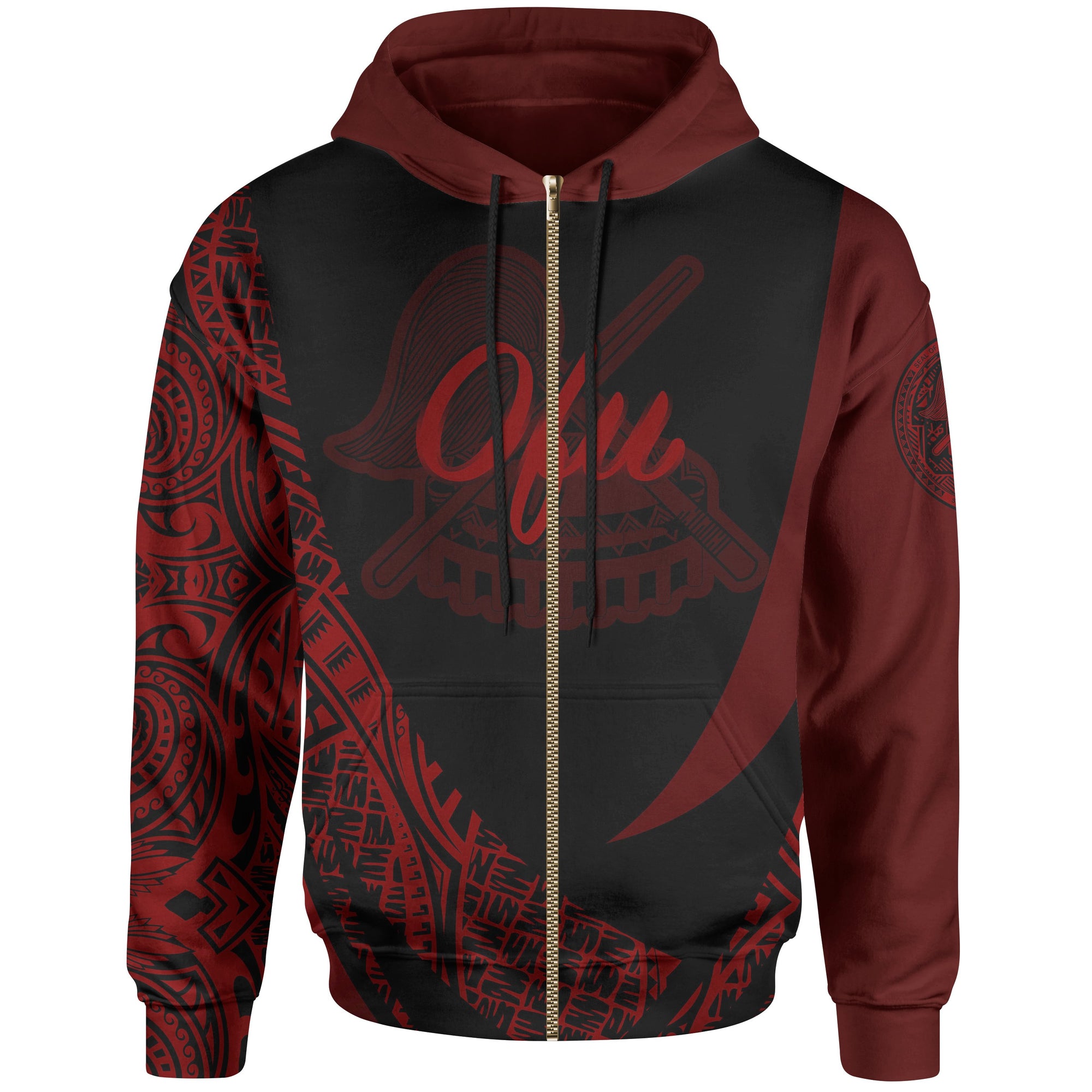 American Samoa Zip Hoodie Manua ofu Polynesian Red Patterns Sport Style Unisex Black - Polynesian Pride